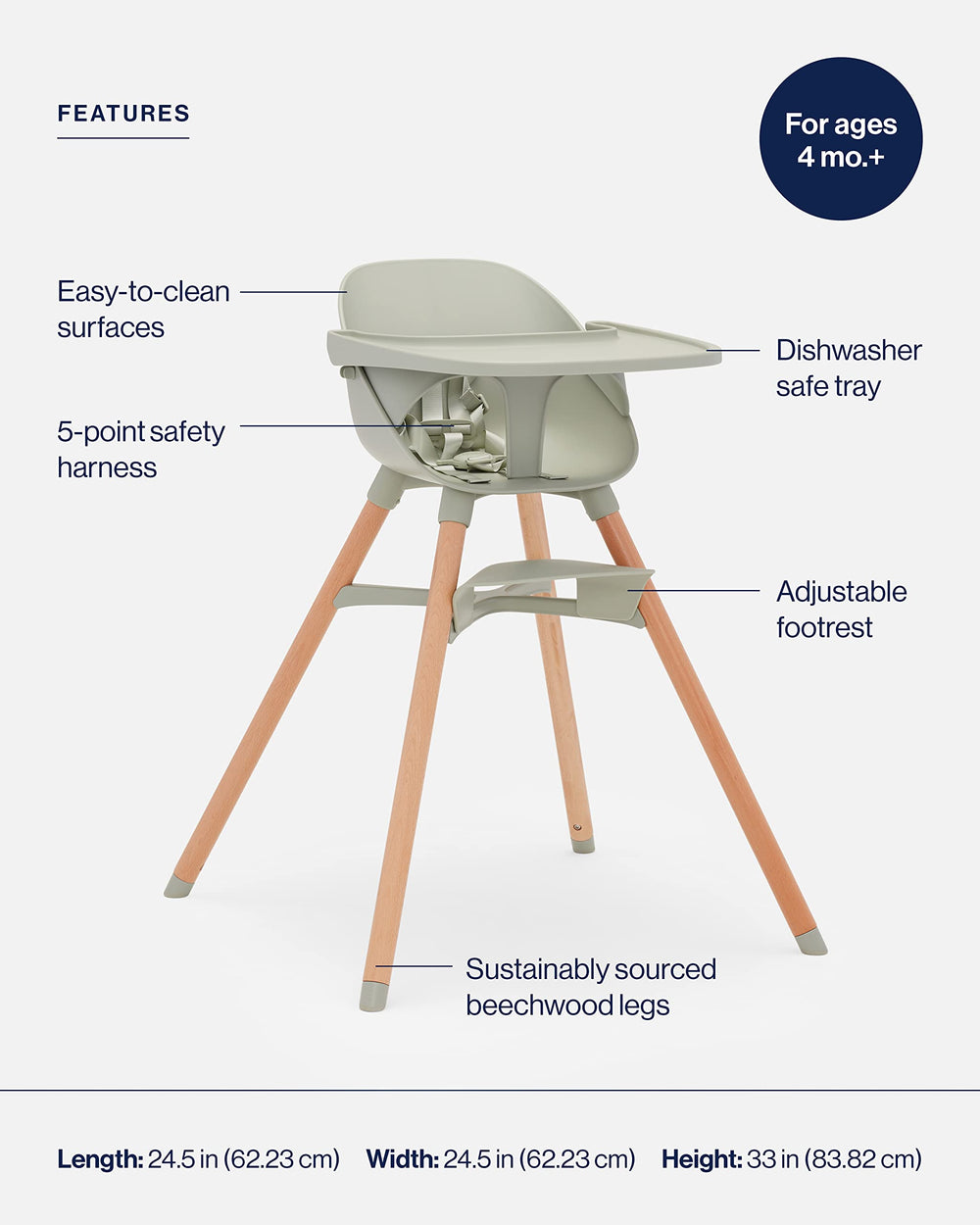 Lalo The Chair Sage 5-point harness keeps little one securely seated.