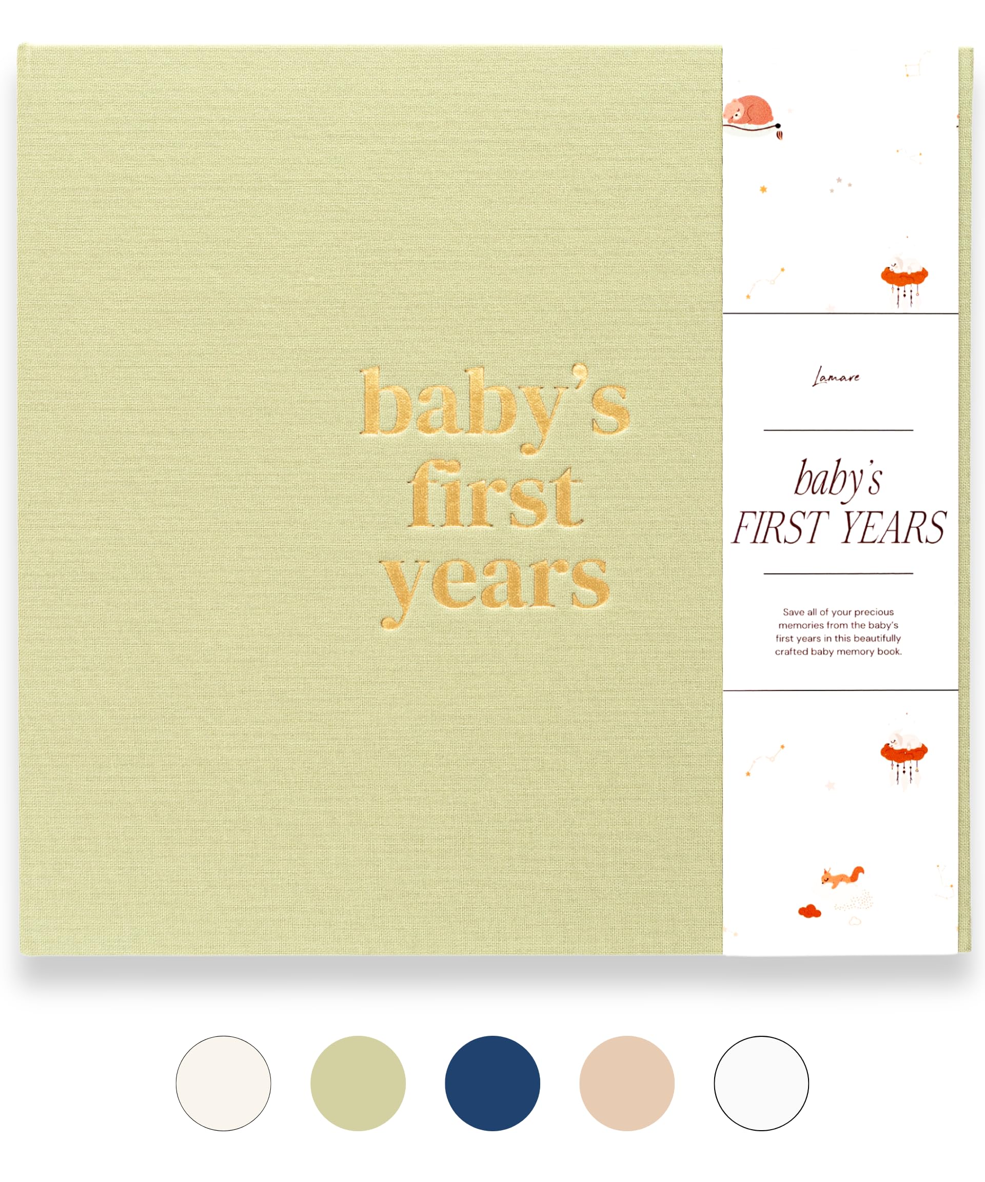 Lamare Baby First Year Book cover with soft linen texture for enduring keepsakes.