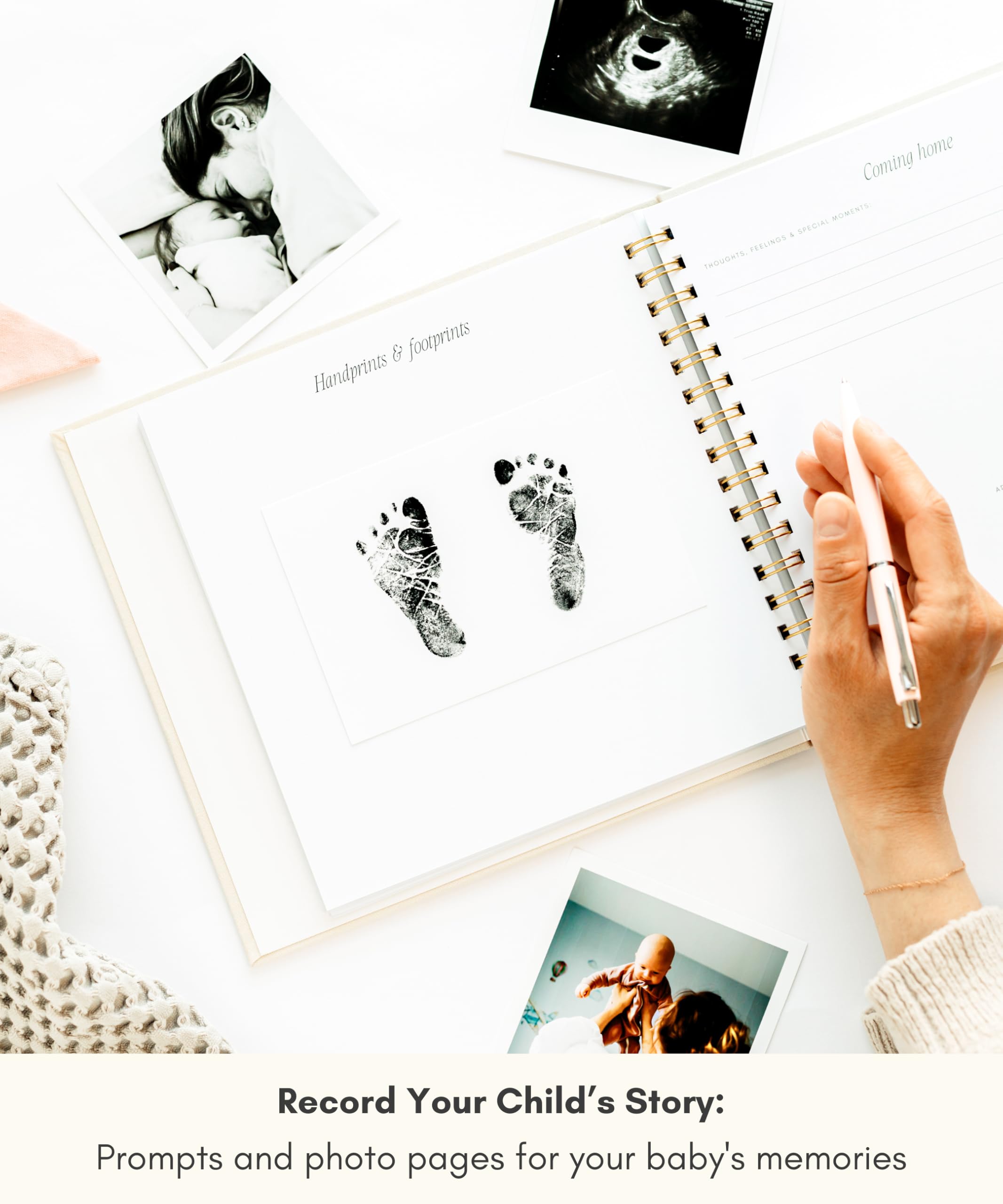 Lamare Baby First Year Book milestones spread showcasing growth steps and memories.