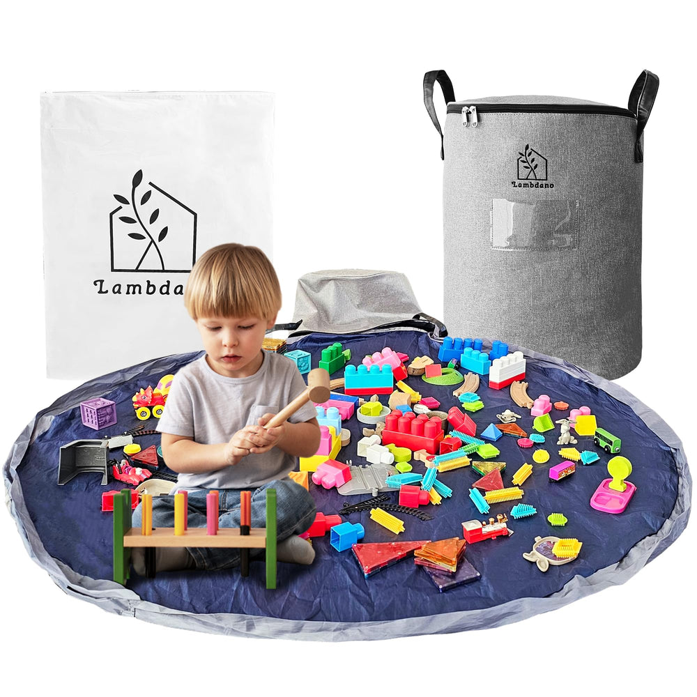 Lambdano portable toy storage basket with pocket label keeps toys organized.
