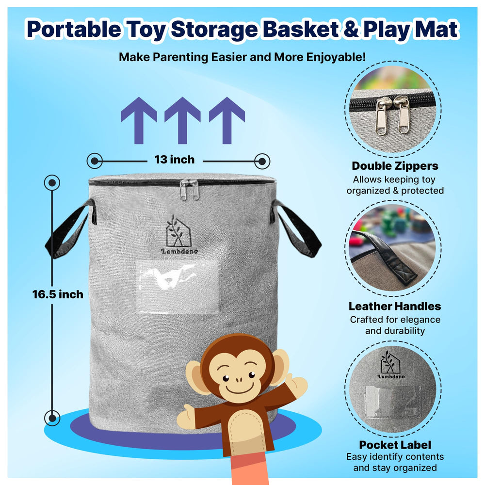 Lambdano toy bag with grey leather handles for durable daily storage.