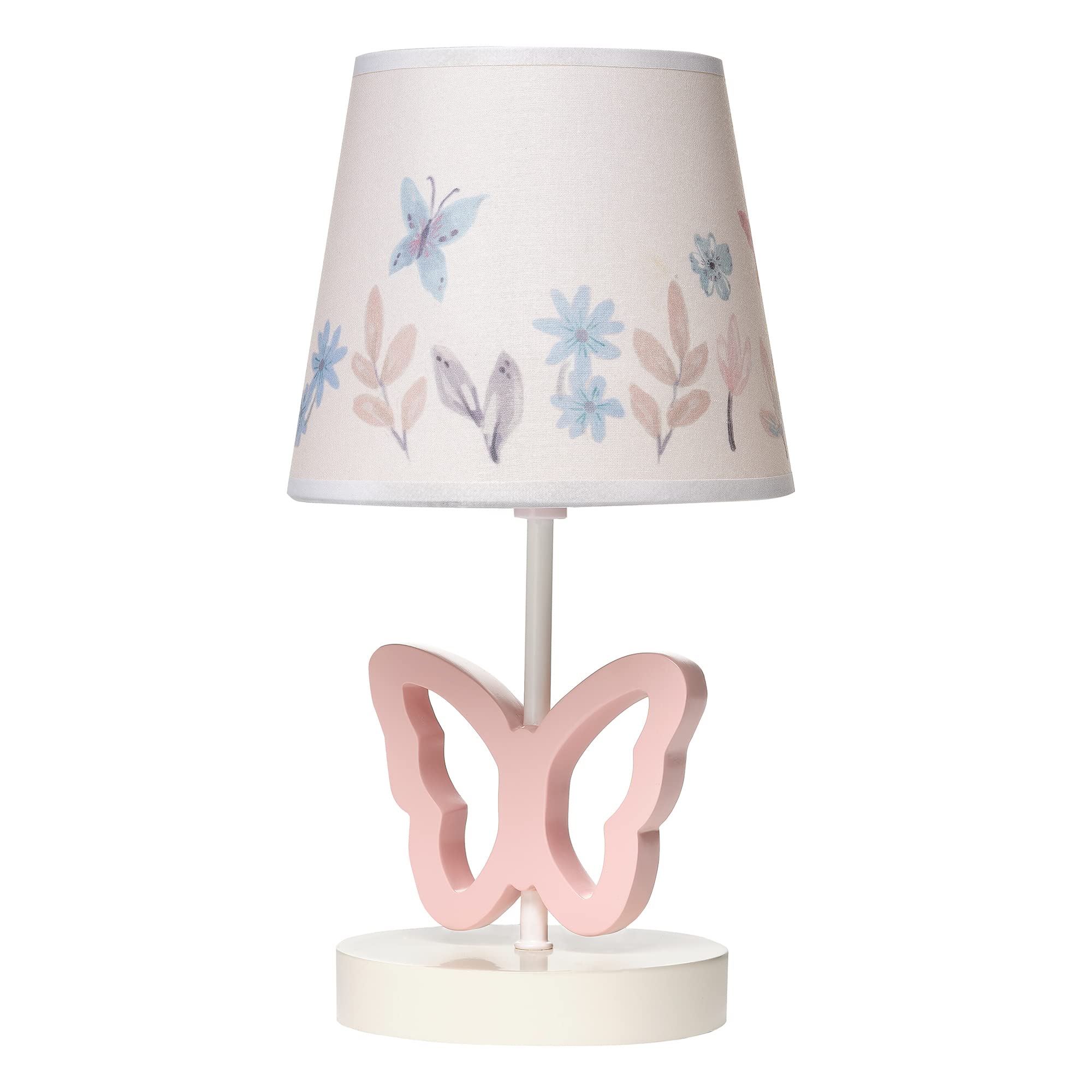 Lambs & Ivy Baby Blooms pink butterfly lamp base provides gentle nursery lighting.
