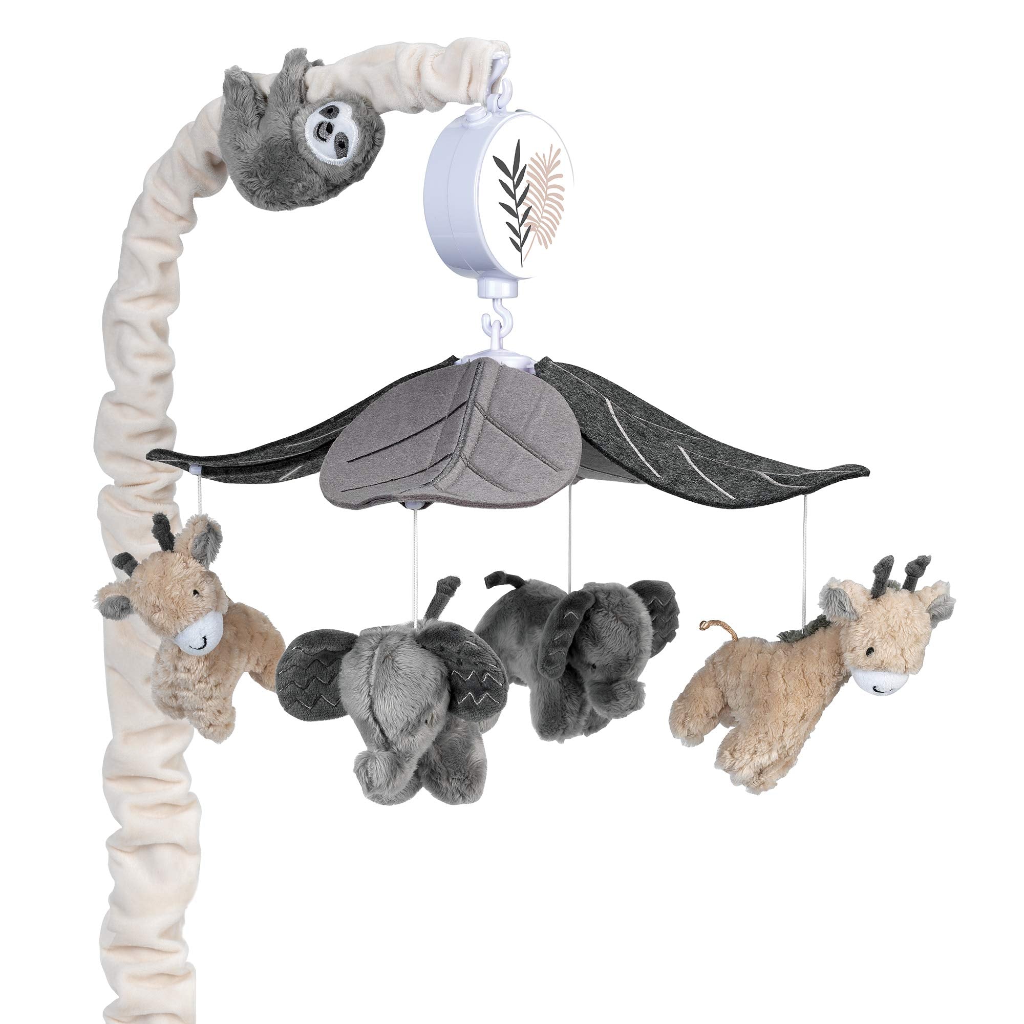 Lambs & Ivy Jungle Animals crib-mobile setup with gentle rotating plush figures for baby