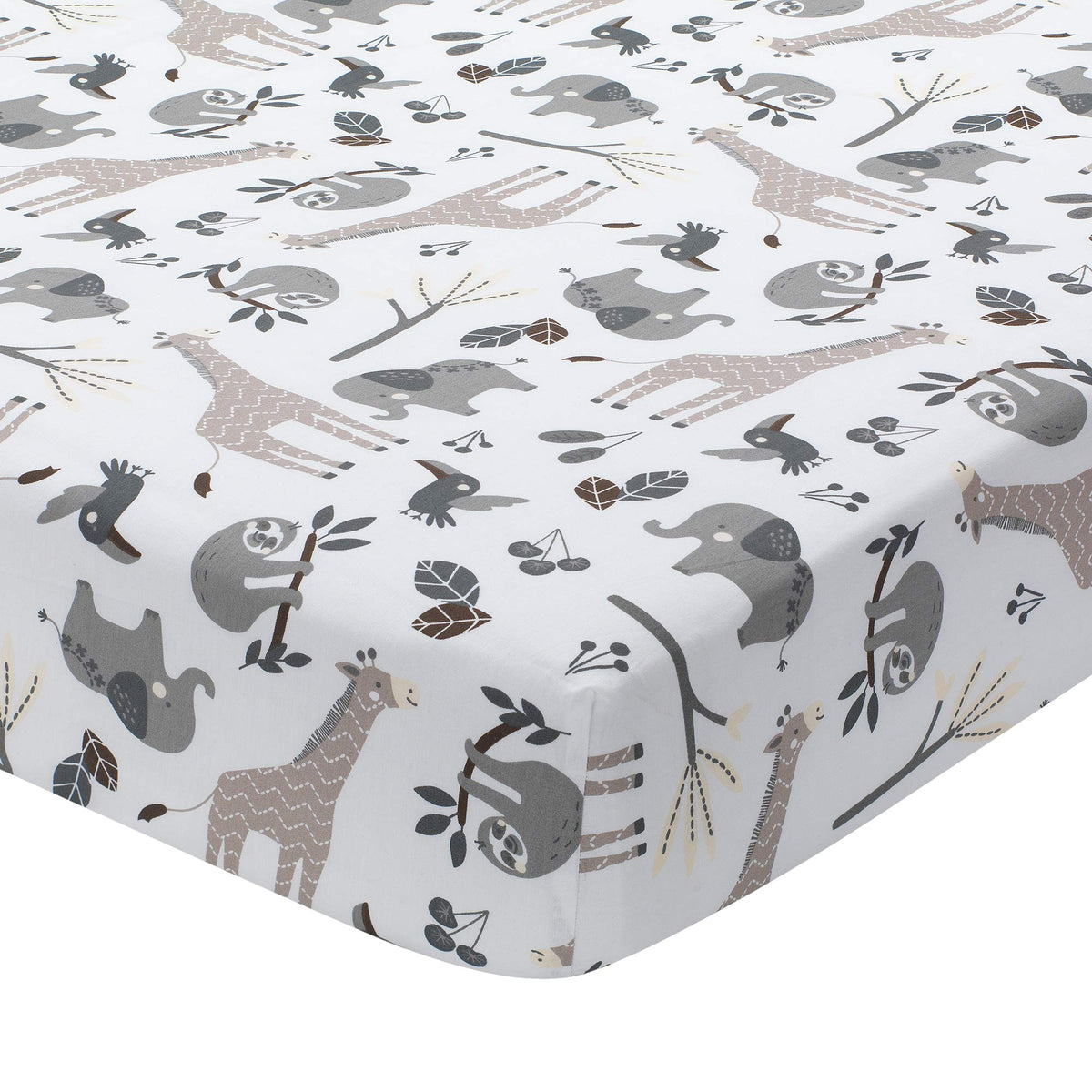 Lambs & Ivy Baby Jungle giraffes crib sheet offers breathable cotton for comfort.