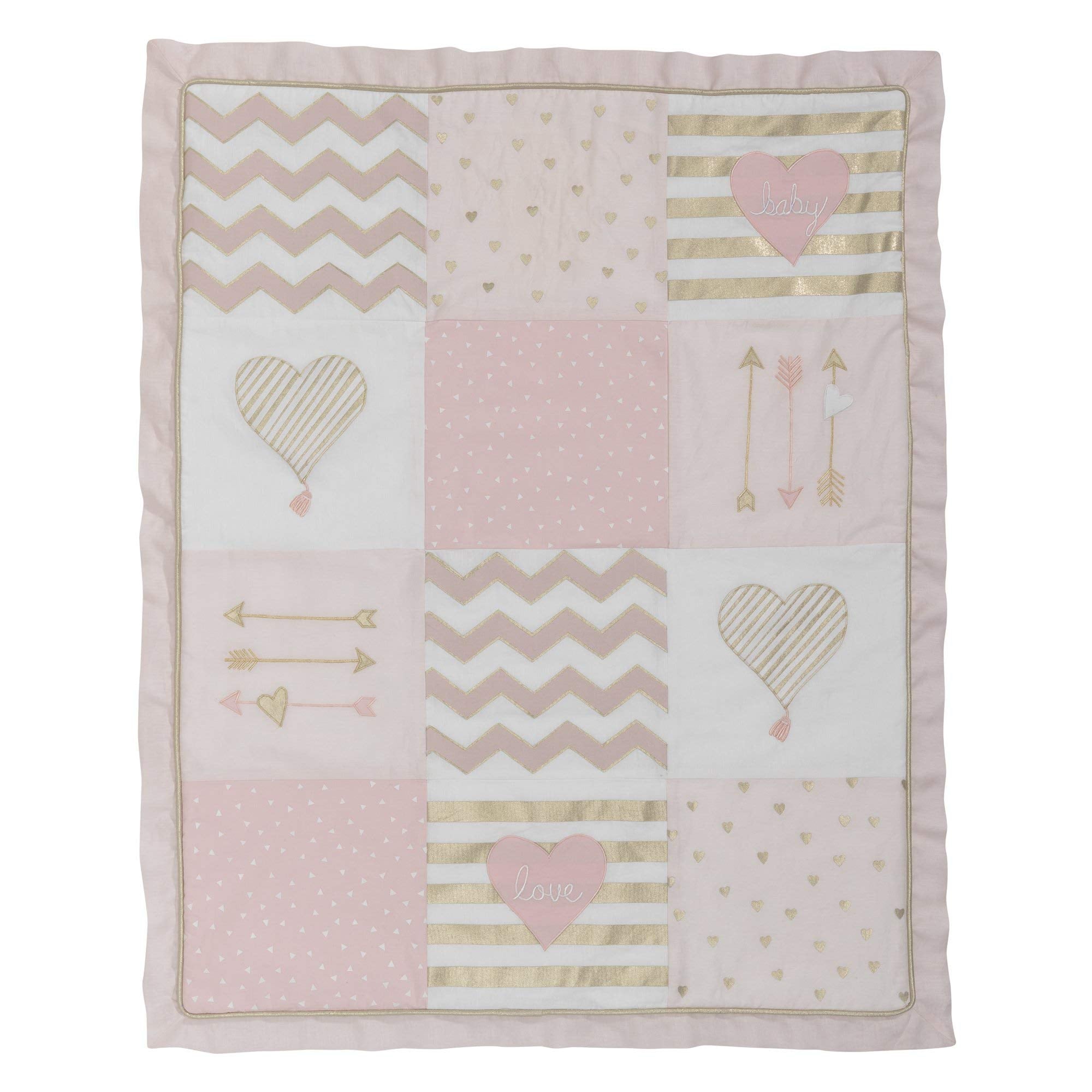 Lambs & Ivy Baby Love pink-gold dust ruffle with gold hearts for stylish nursery detail.