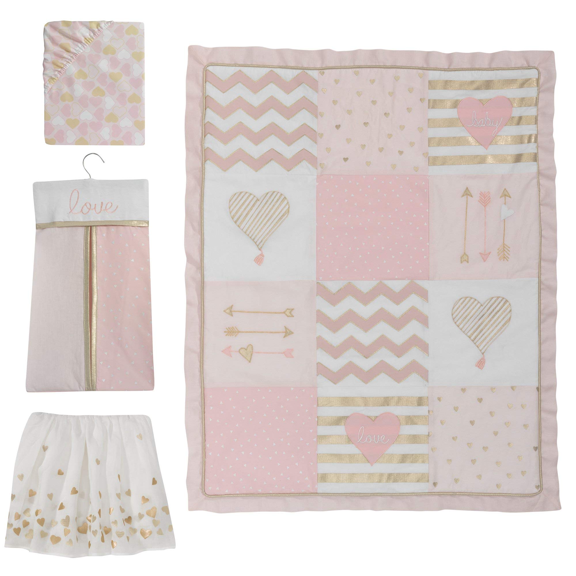 Lambs & Ivy Baby Love pink-gold fitted sheet with elasticized fit for standard cribs.