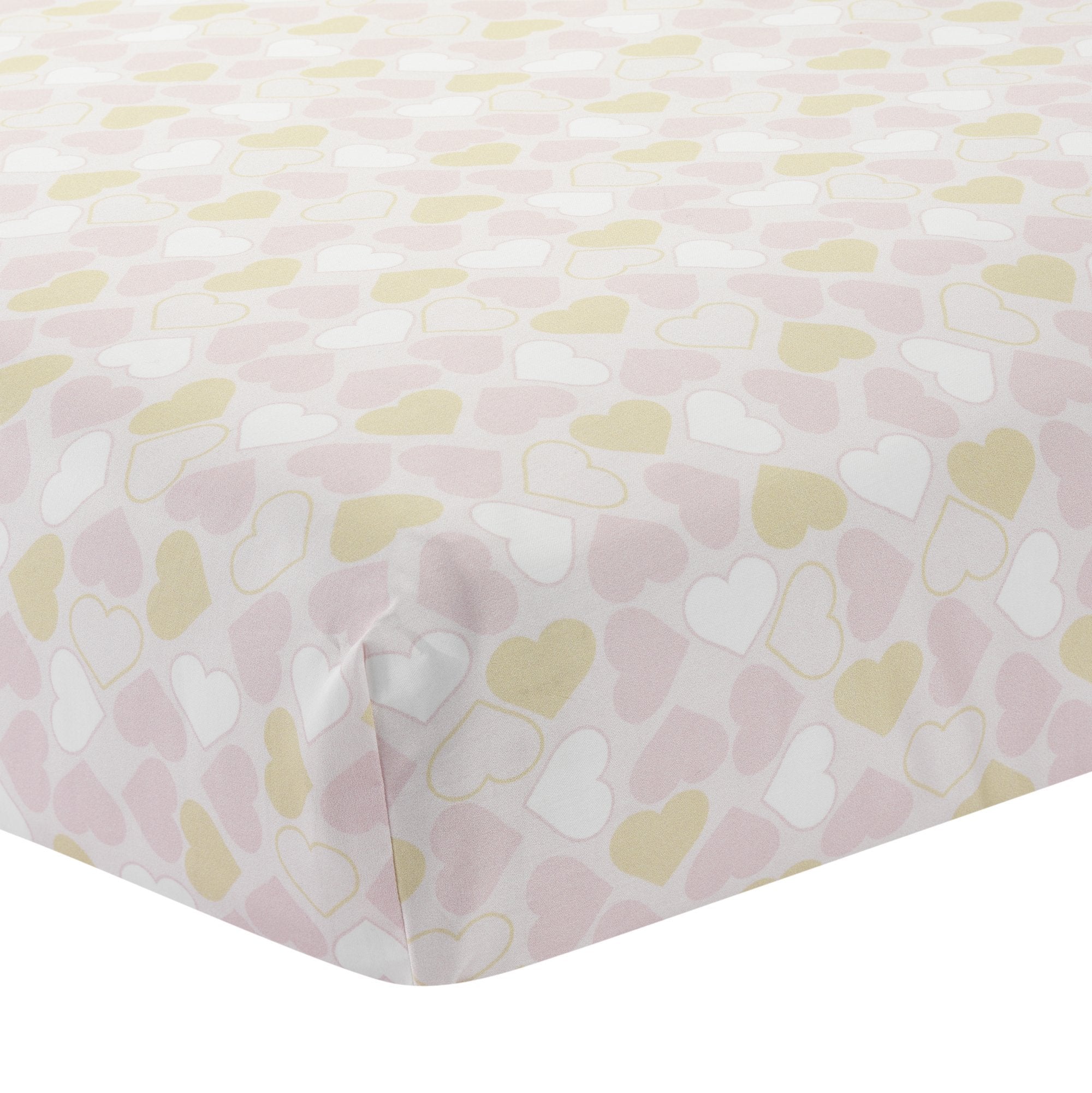 Lambs & Ivy Baby Love pink-gold heart embroidery detail adds charm to nursery decor.