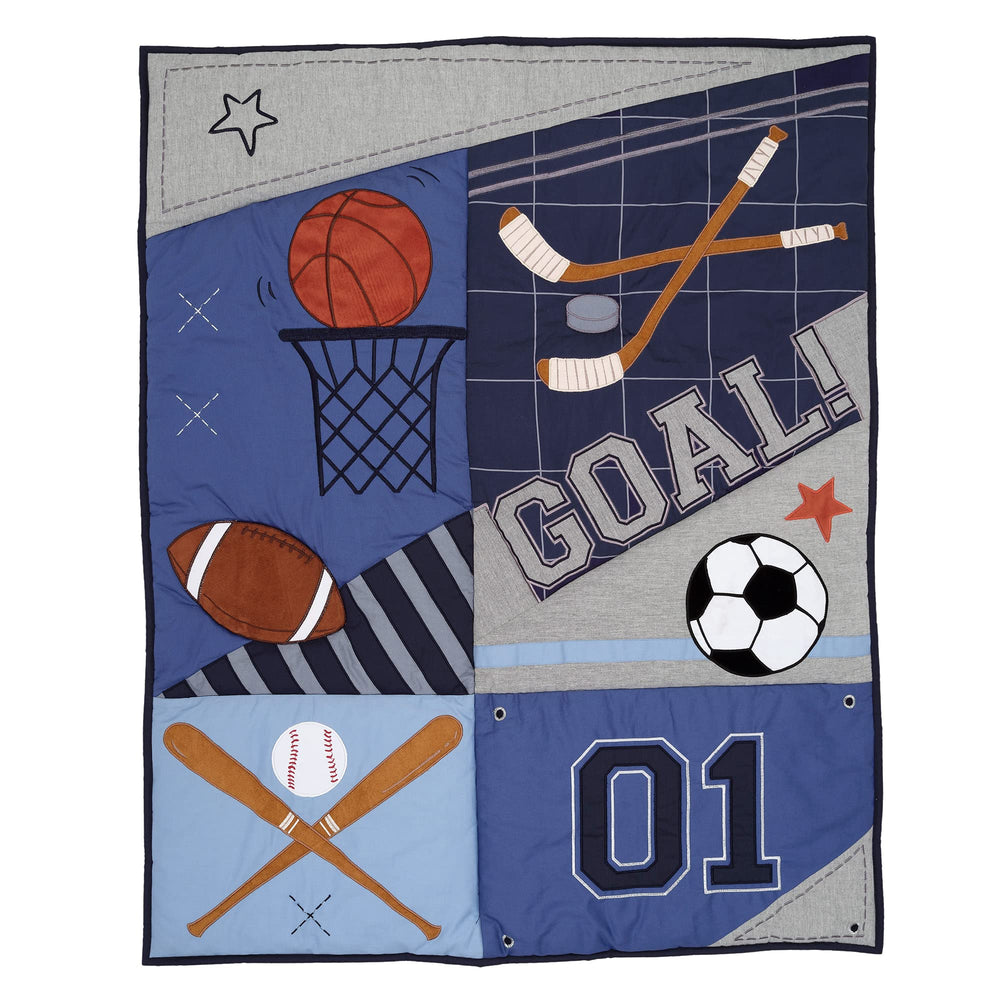 Lambs & Ivy colors and sports icons spark playful bedtime routines.