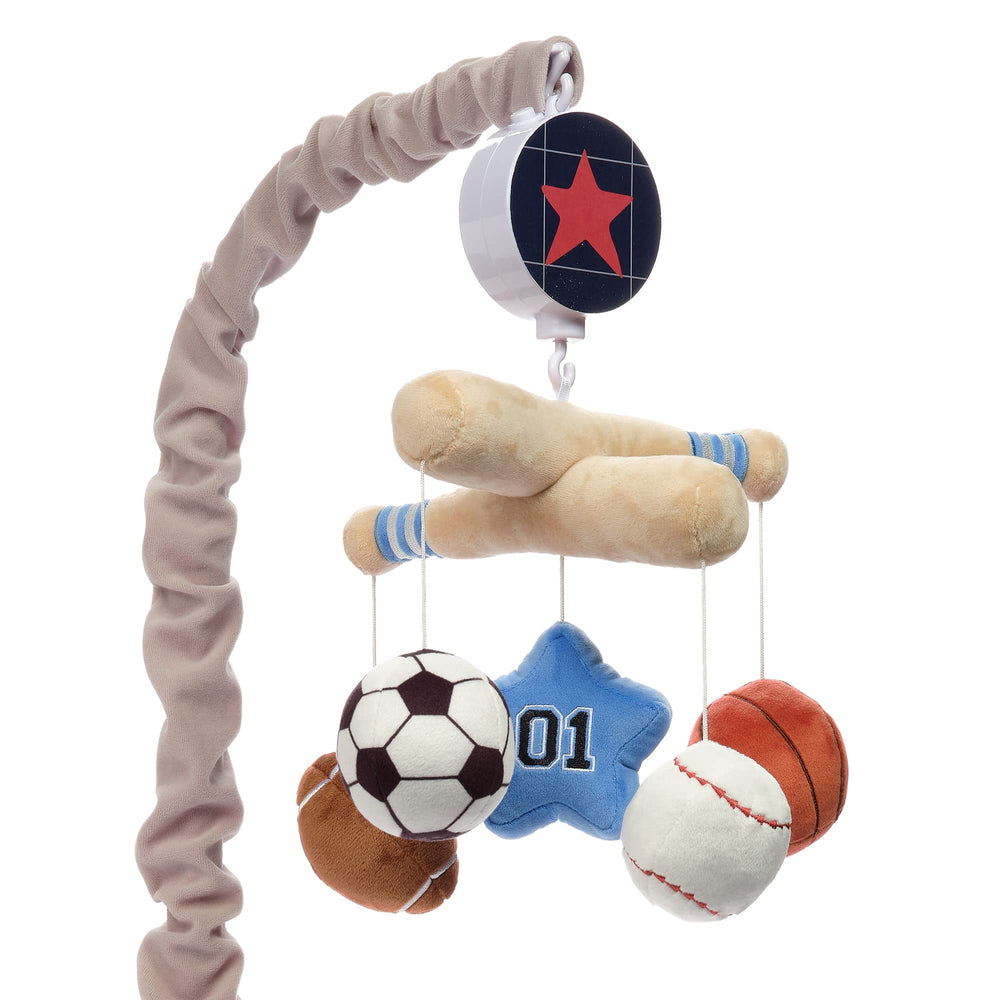 Lambs & Ivy baby sports mobile crossbars boost visual tracking and nursery charm.