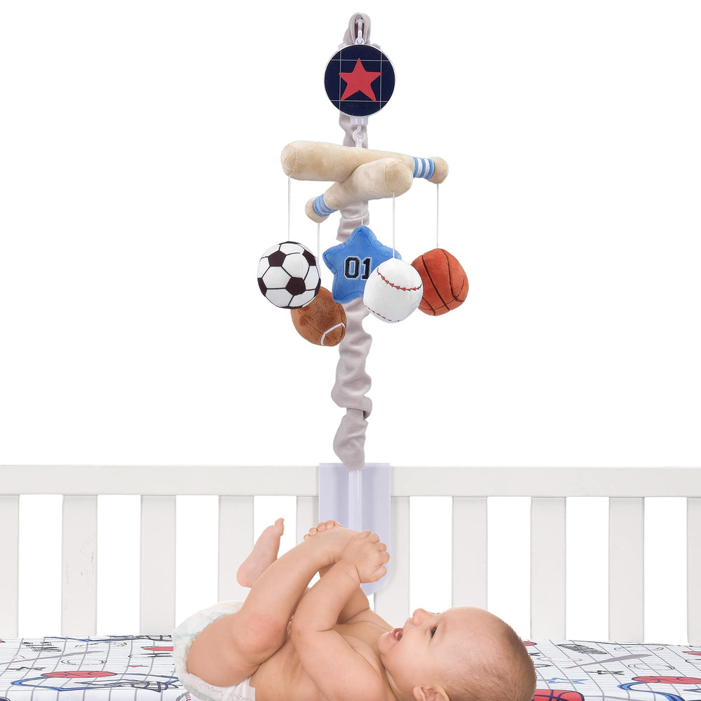 Lambs & Ivy velour baseball pendant offers soft texture for soothing touch.
