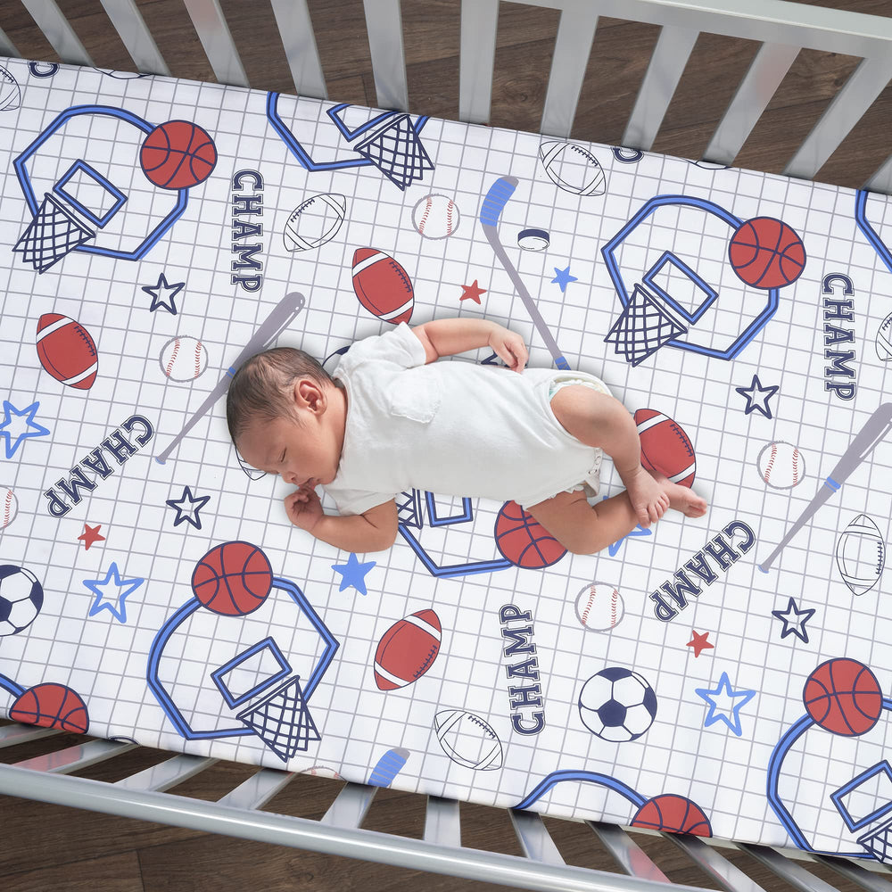 Lambs & Ivy quilt back features navy-gray windowpane print.