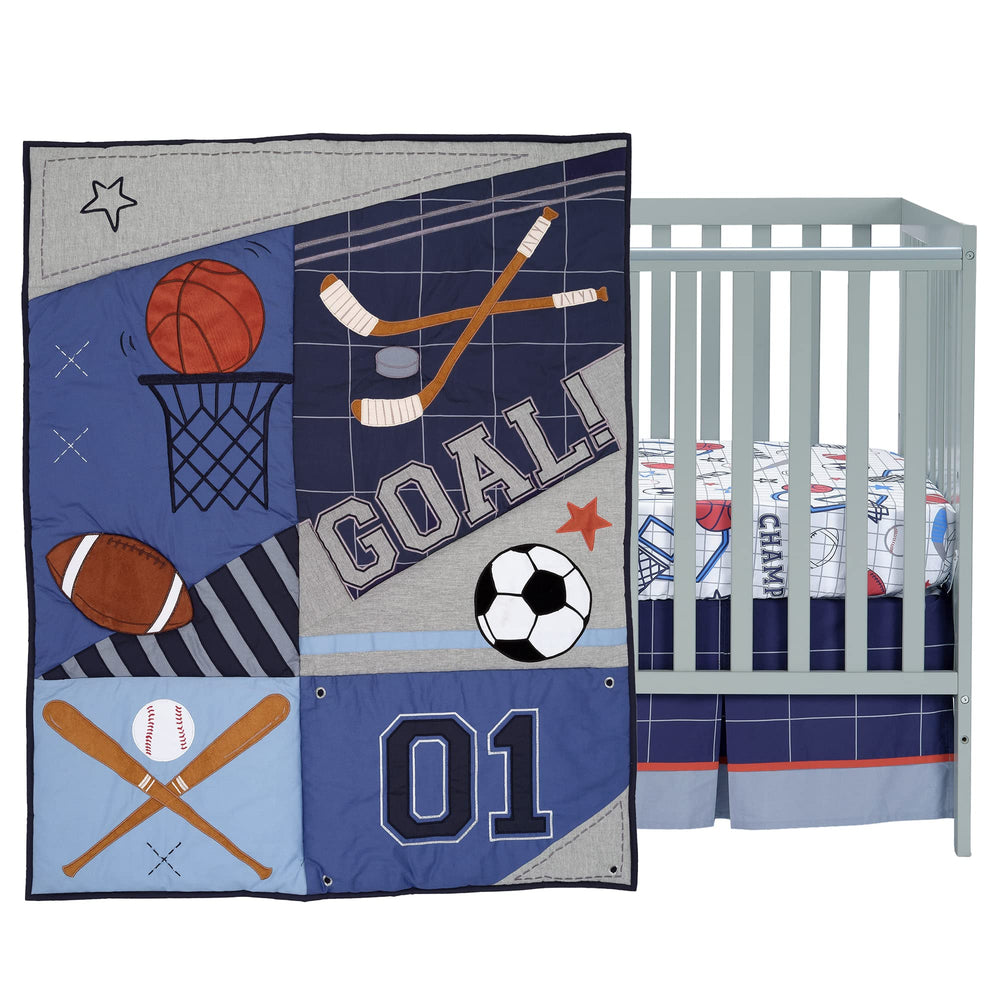 Lambs & Ivy baby sports sheet shows breathable cotton with playful sports.