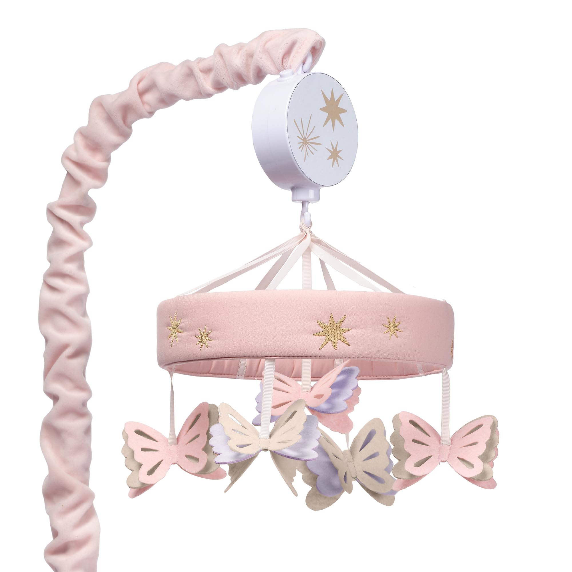 Lambs & Ivy Butterfly Dreams mobile featuring pink ring and fluttering butterflies for visual stimulation.