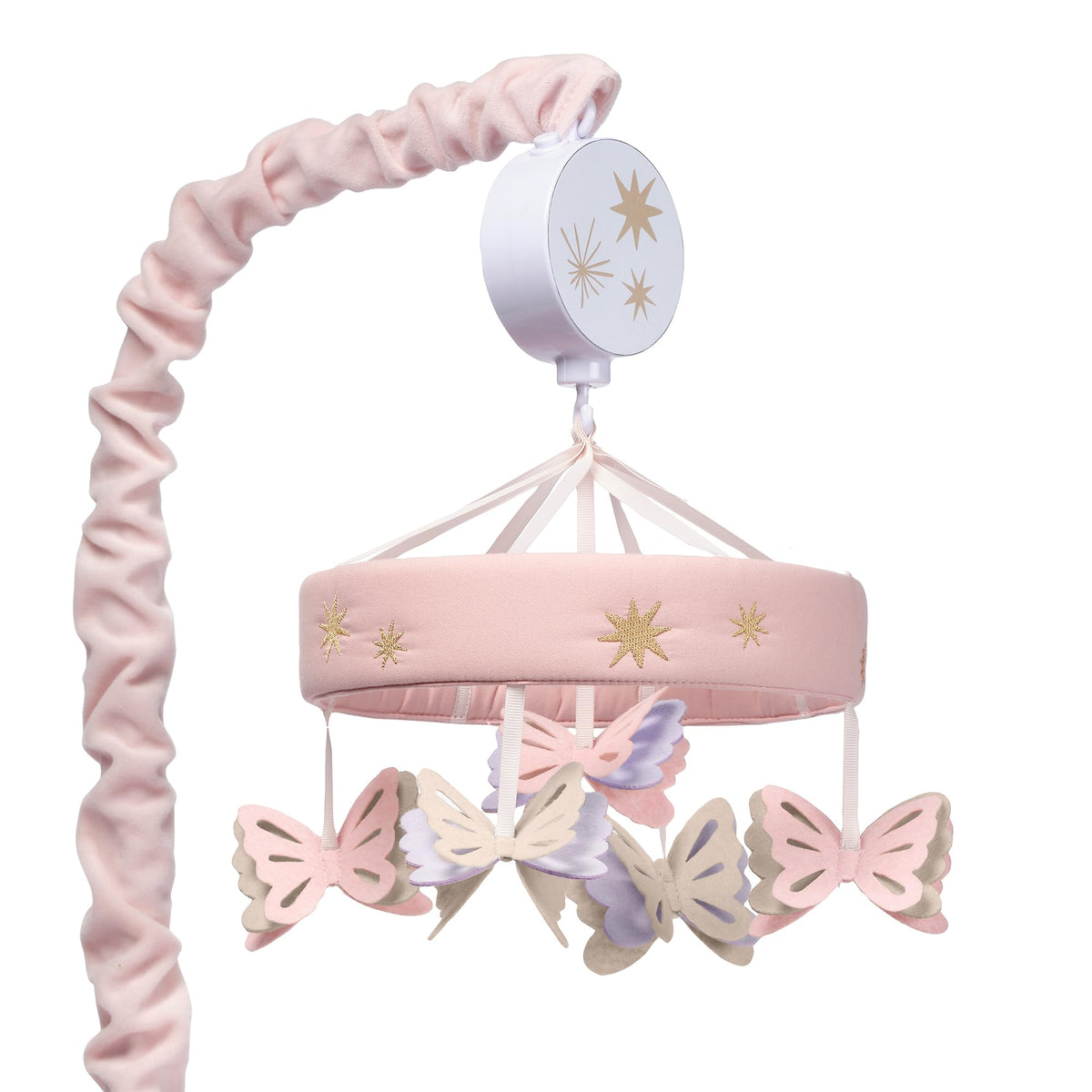 Lambs & Ivy Butterfly Dreams mobile featuring pink ring and fluttering butterflies for visual stimulation.