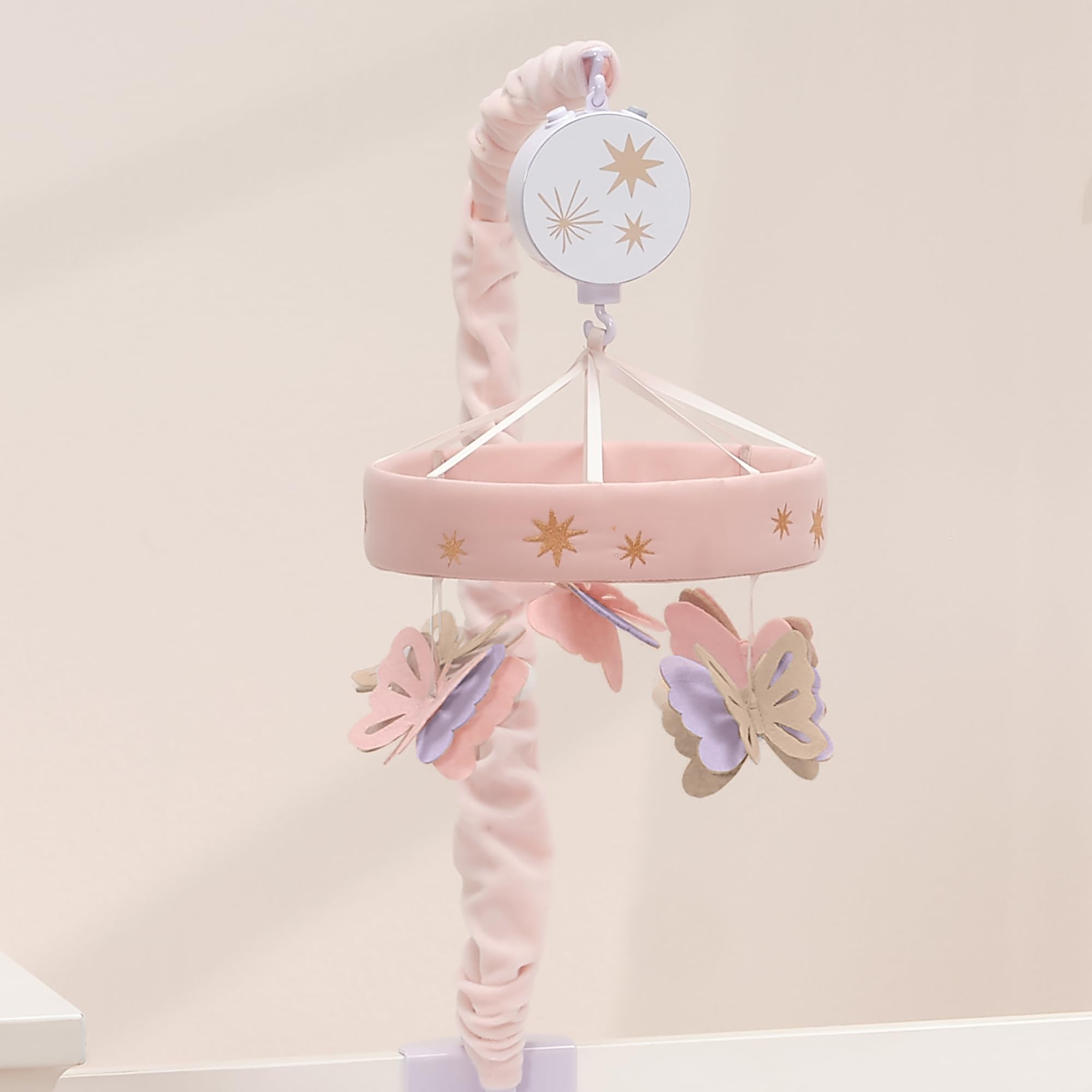 Lambs & Ivy Butterfly Dreams mobile rotating mechanism in action for steady visual engagement.