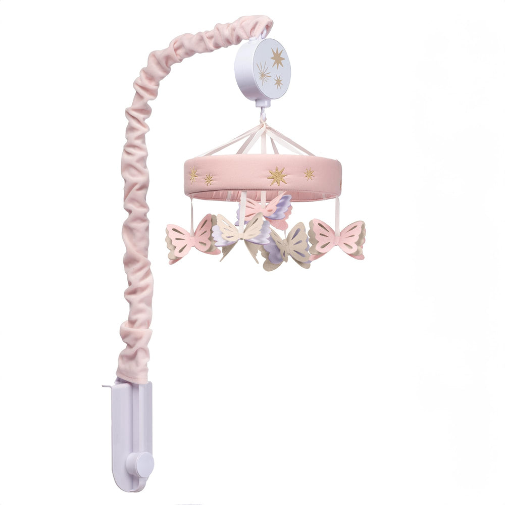 Lambs & Ivy Butterfly Dreams mobile with volume control for adjustable sound levels.