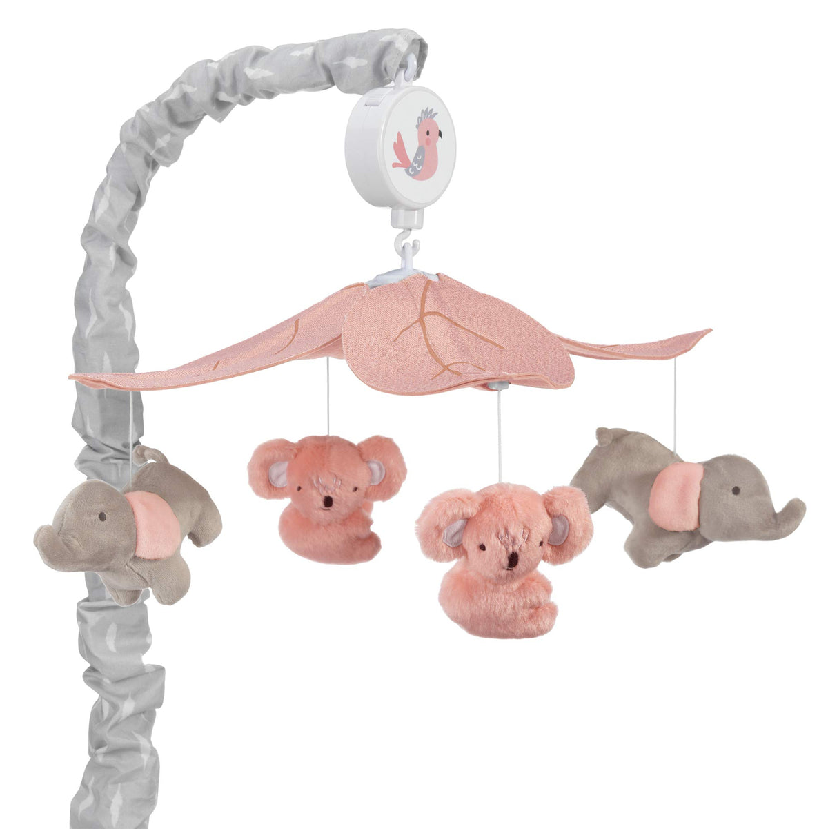Lambs & Ivy Calypso mobile closeup of koalas and elephants for soothing nursery mood.