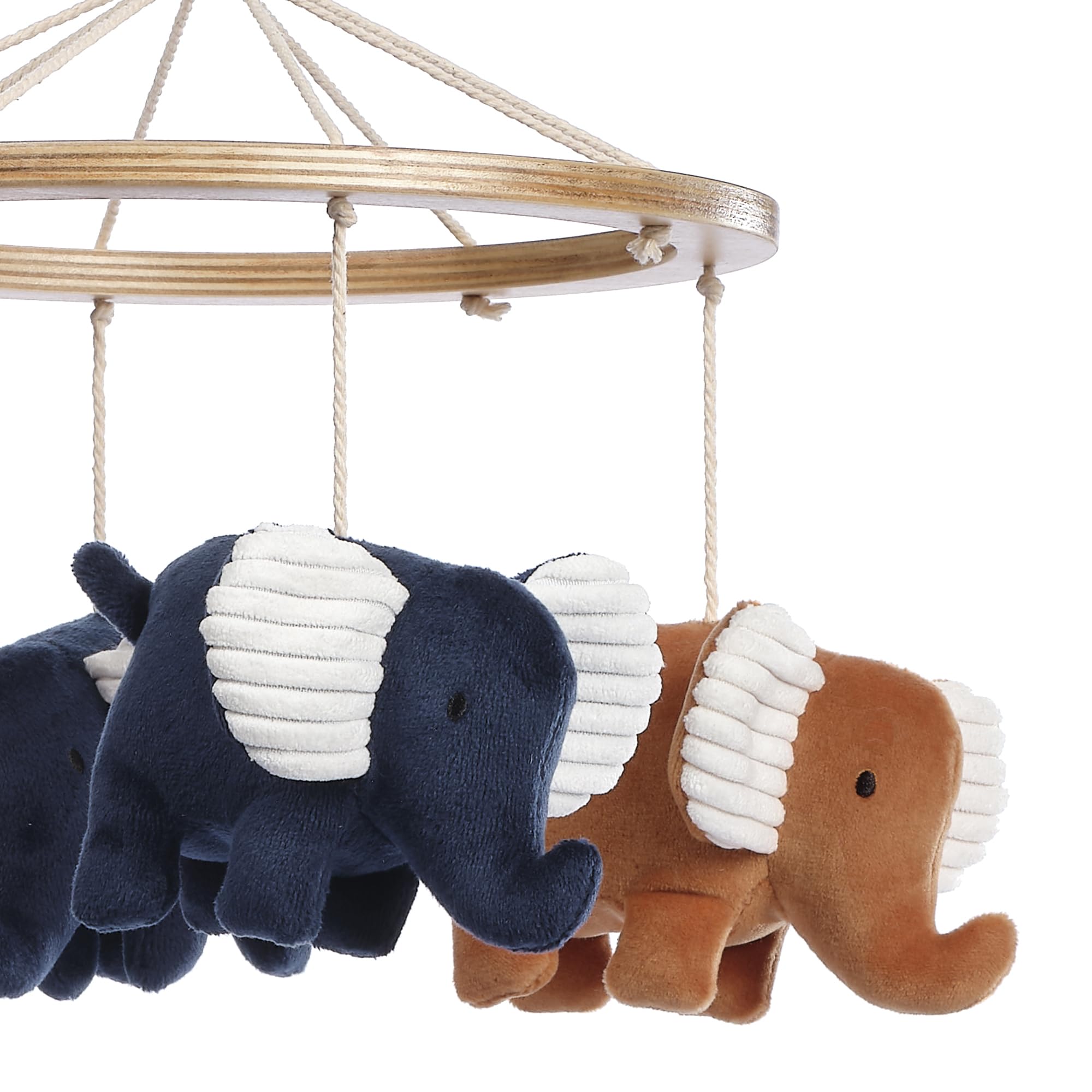 Lambs & Ivy caramel elephants closeup highlights gentle movement and visual contrast.