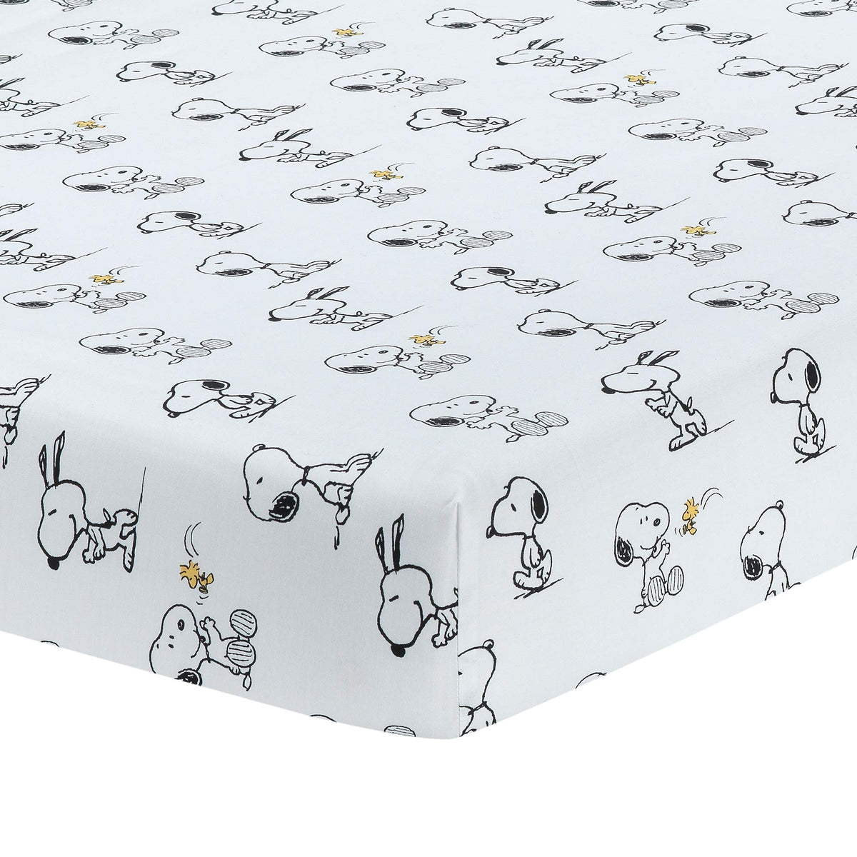 Lambs and Ivy Classic Snoopy crib sheet with Snoopy design offers a cozy breathable fit.