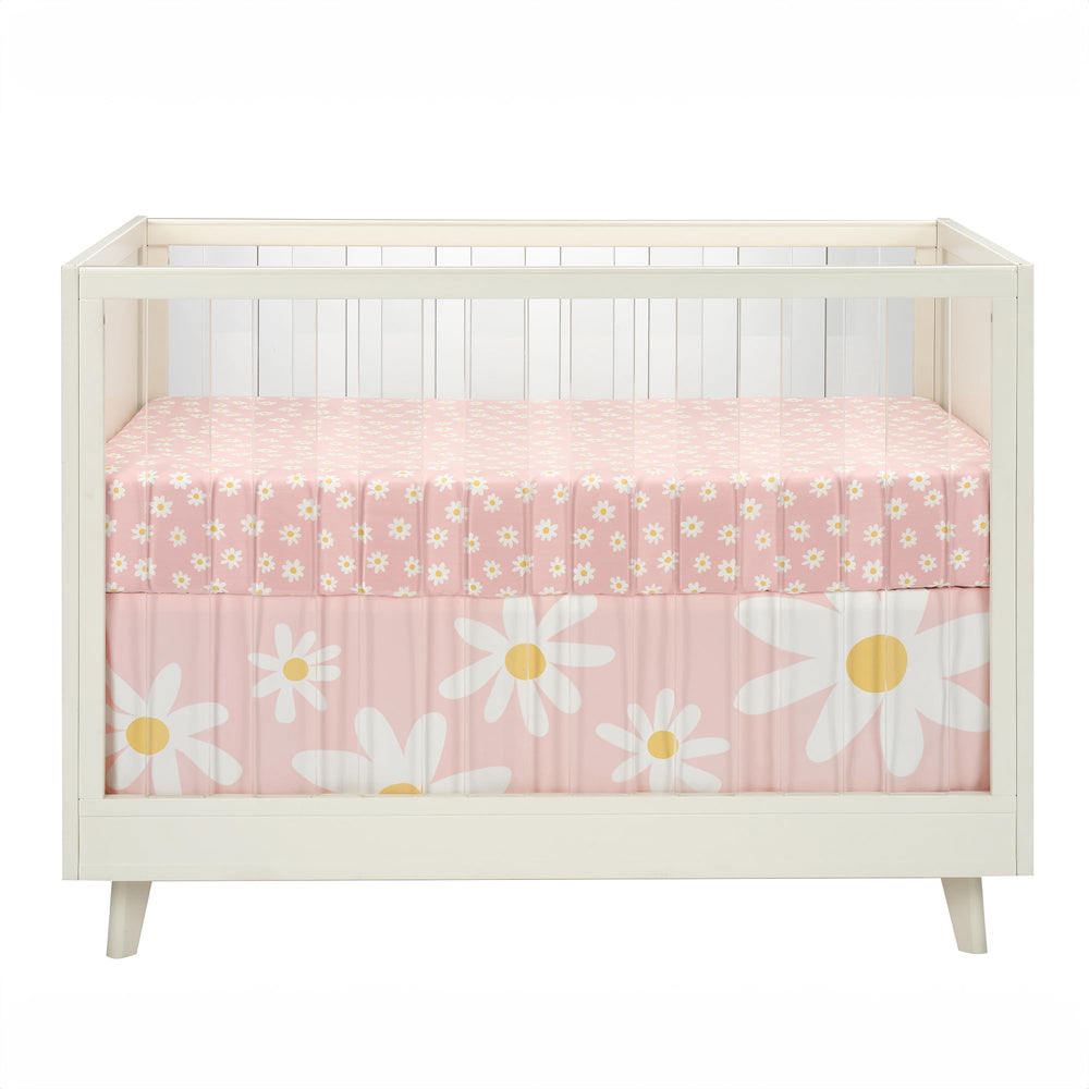 Lambs & Ivy Daisy Dreams elastic-edge fit on crib mattress.