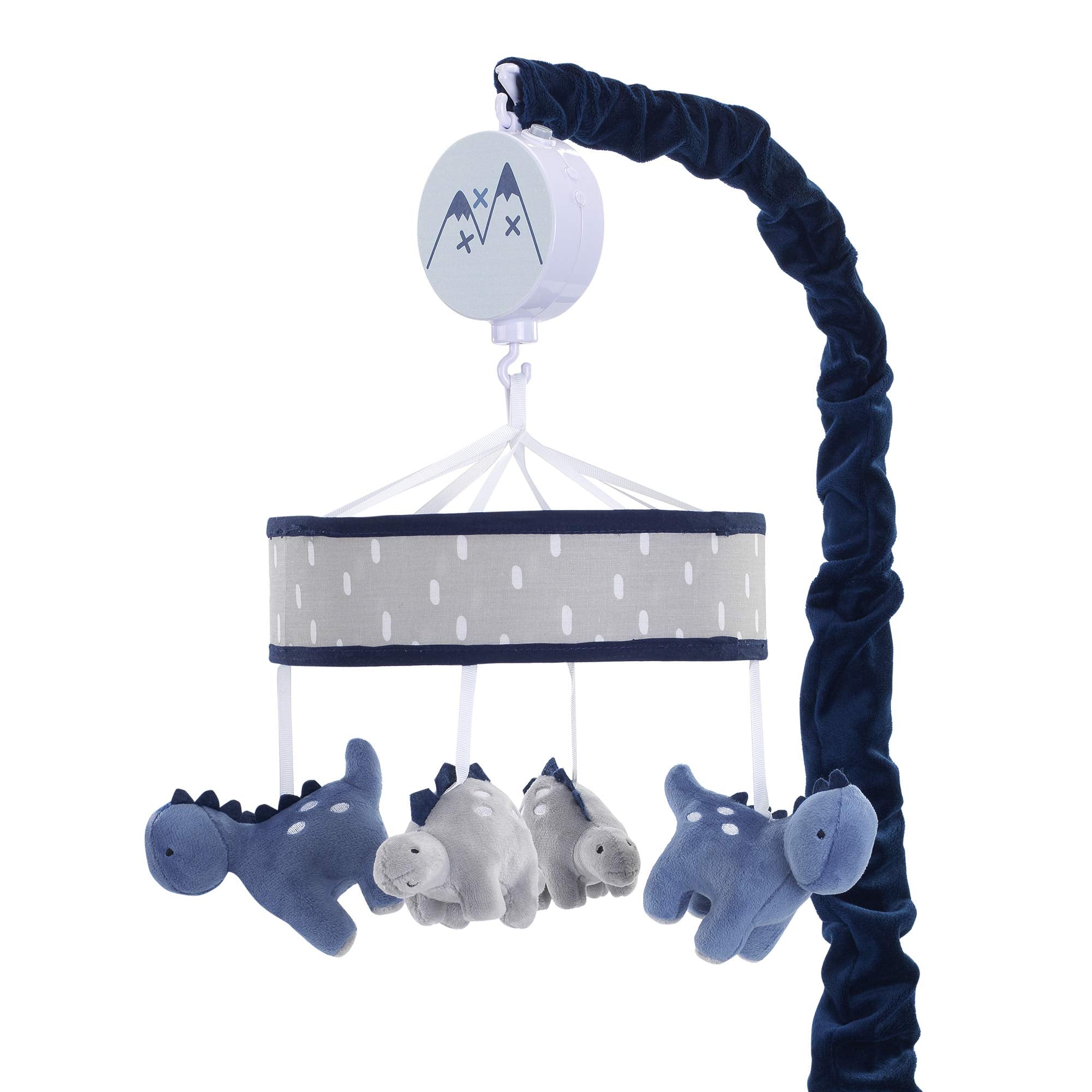 Lambs & Ivy Dino mobile closeup shows calming blue-gray dinos for nap-time play