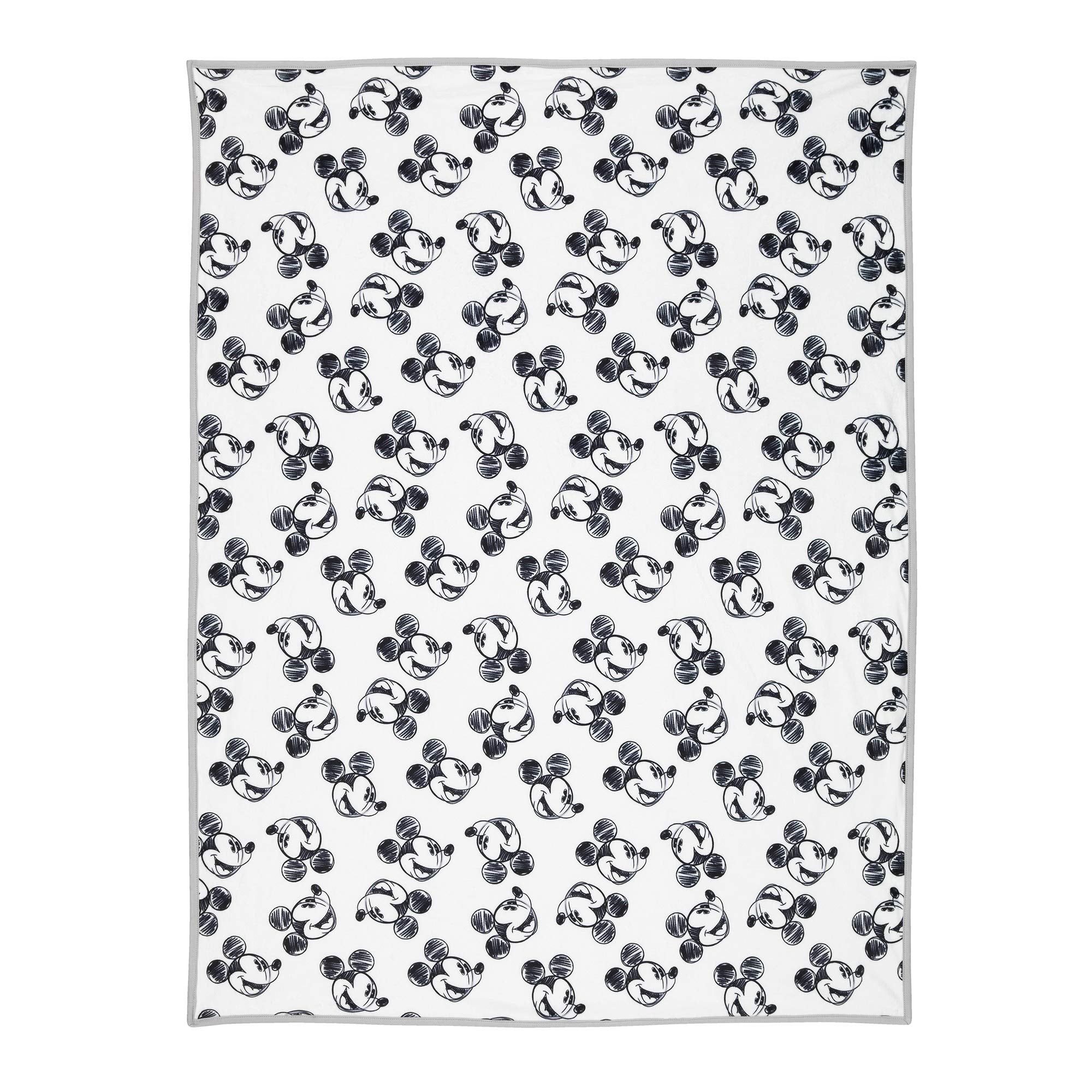 Lambs & Ivy Mickey blanket gray binding adds durable finish.