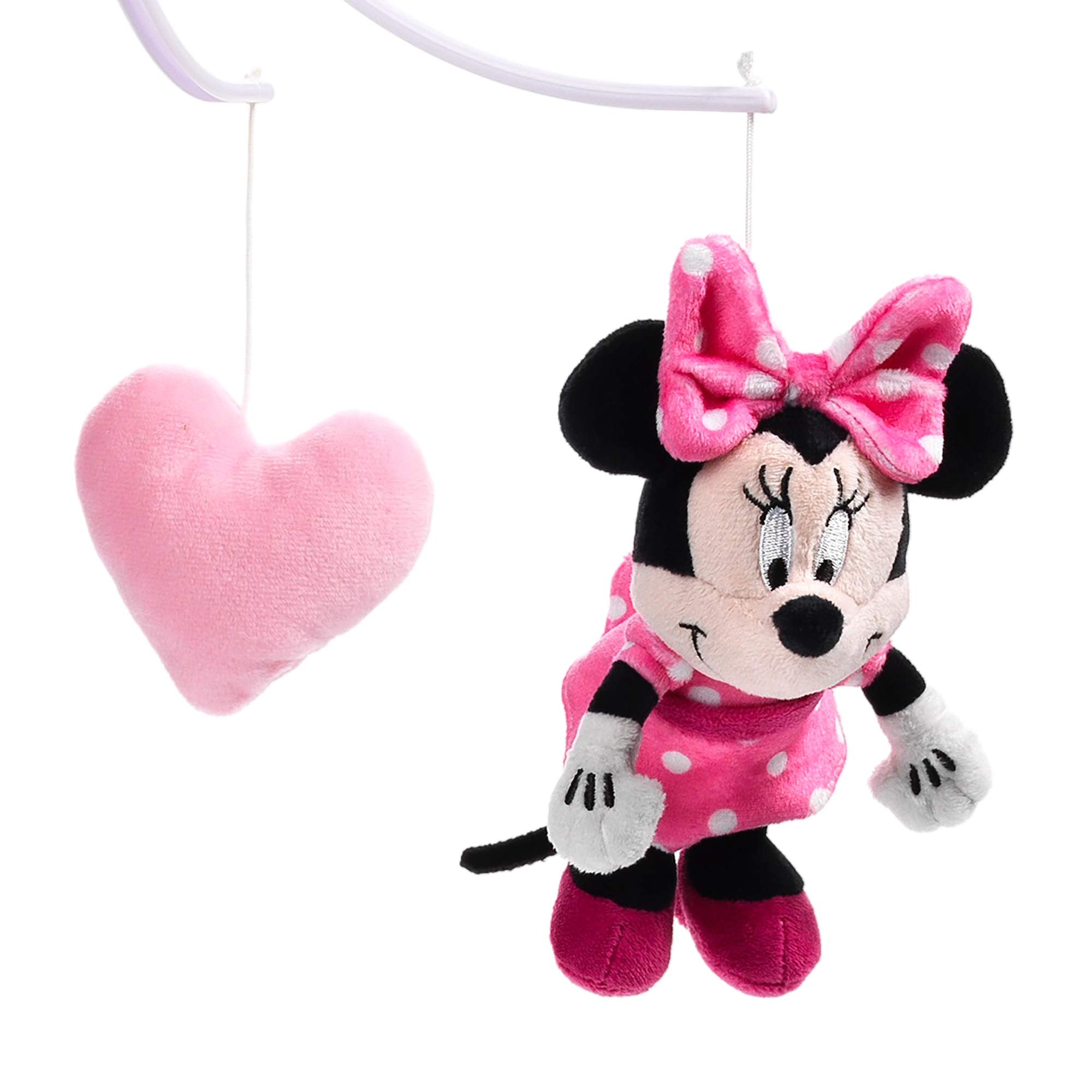Lambs & Ivy Minnie and pink hearts detail enhances visual focus for baby.