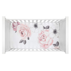 Lambs & Ivy Floral Garden crib skirt pink shirred linen blend with split corners for easy placement.
