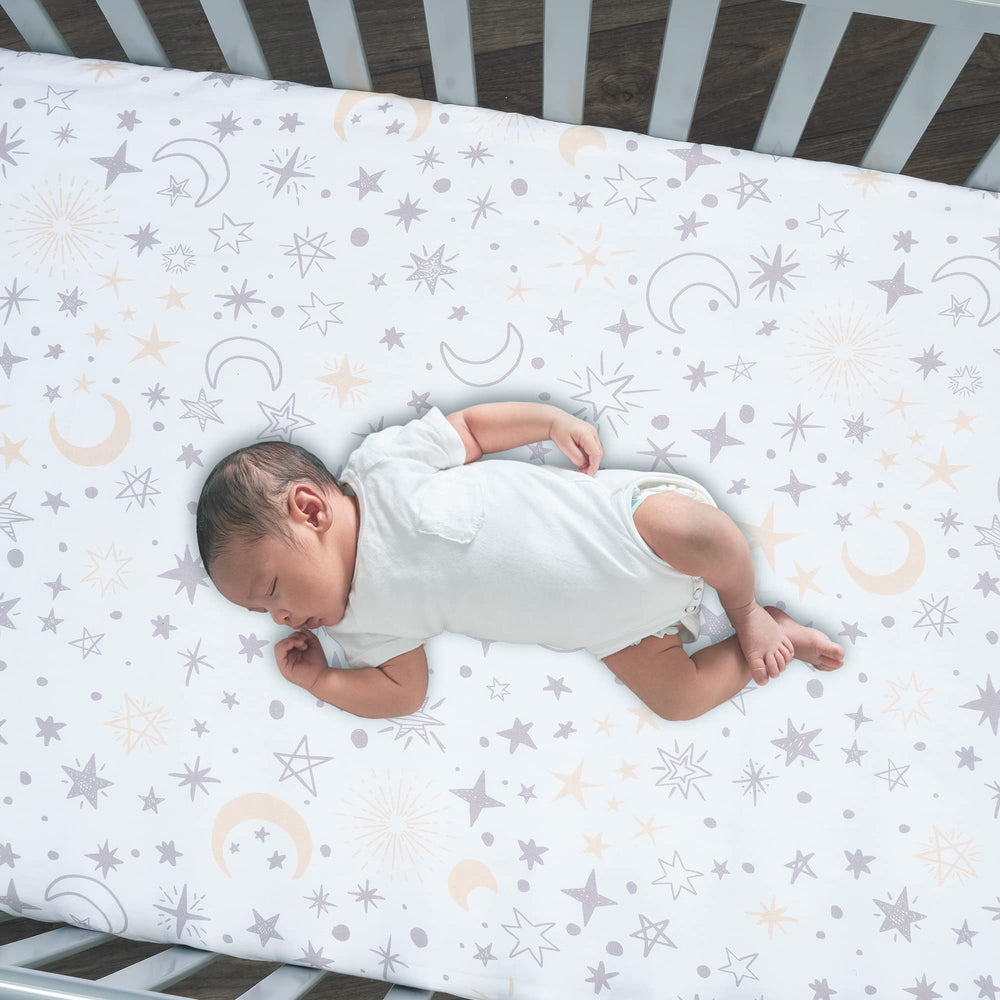 Lambs & Ivy Goodnight Moon nursery layout showing serene celestial setup