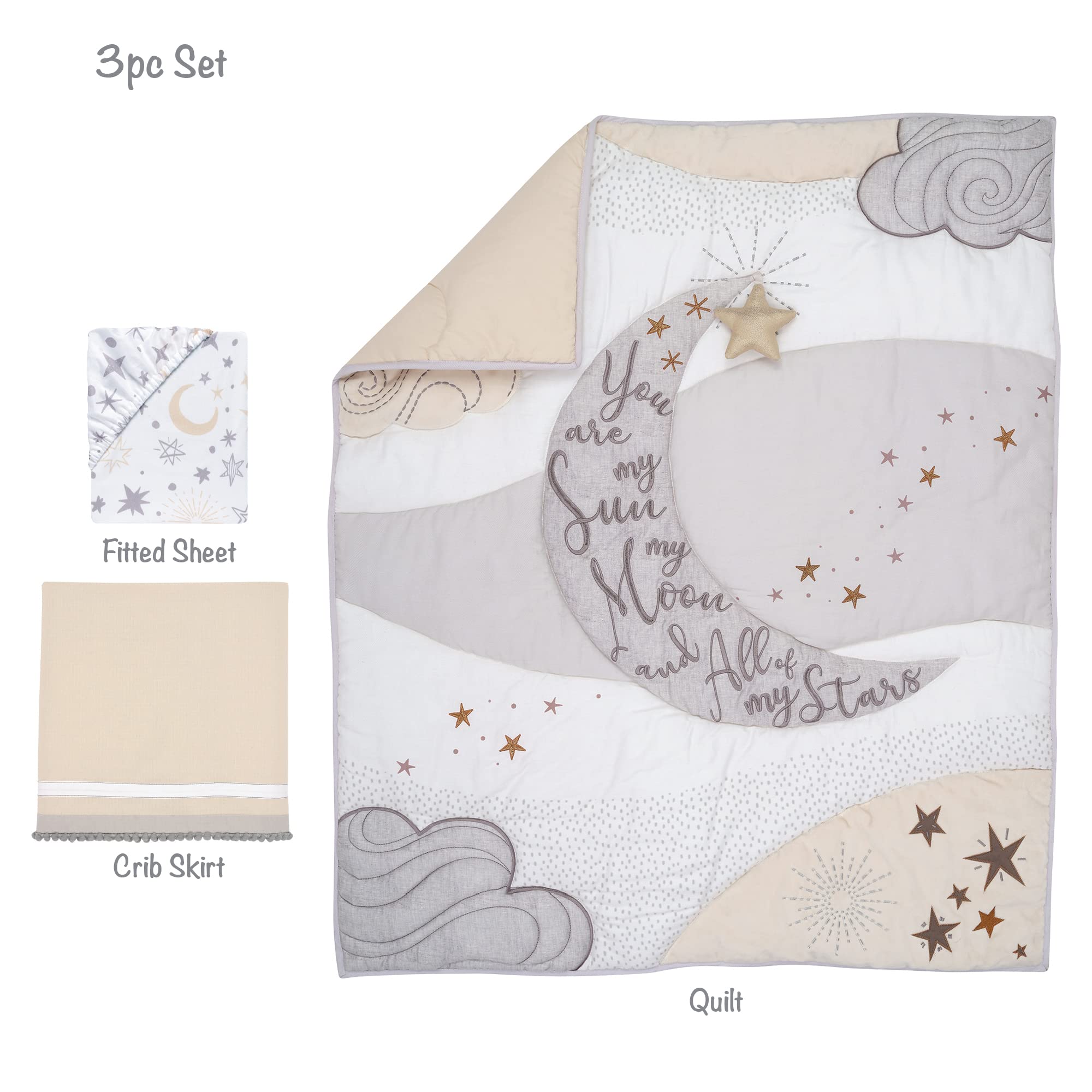Lambs & Ivy Goodnight Moon quilt embroidery featuring crescent moon and verbiage