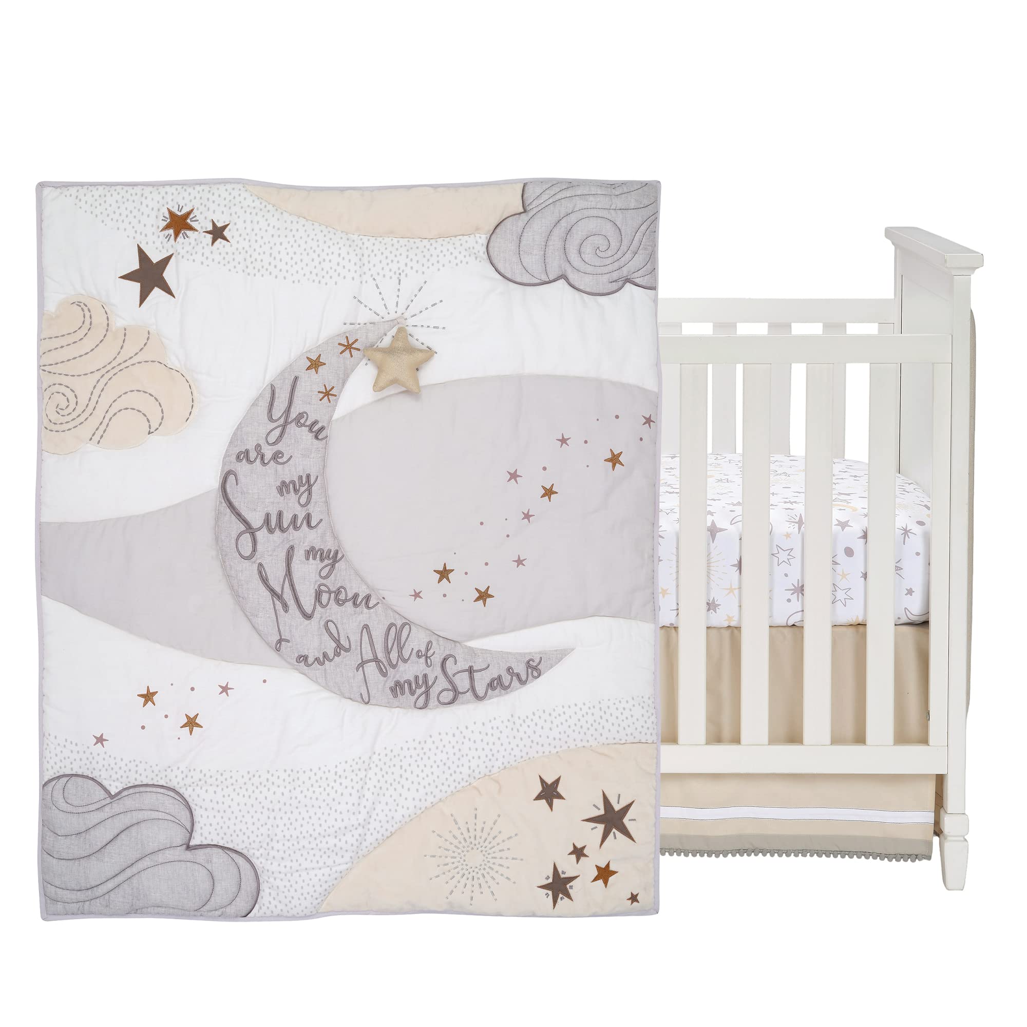 Lambs & Ivy Goodnight Moon sheet closeup displays moon and stars for breathable comfort