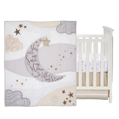 Lambs & Ivy Goodnight Moon sheet closeup displays moon and stars for breathable comfort