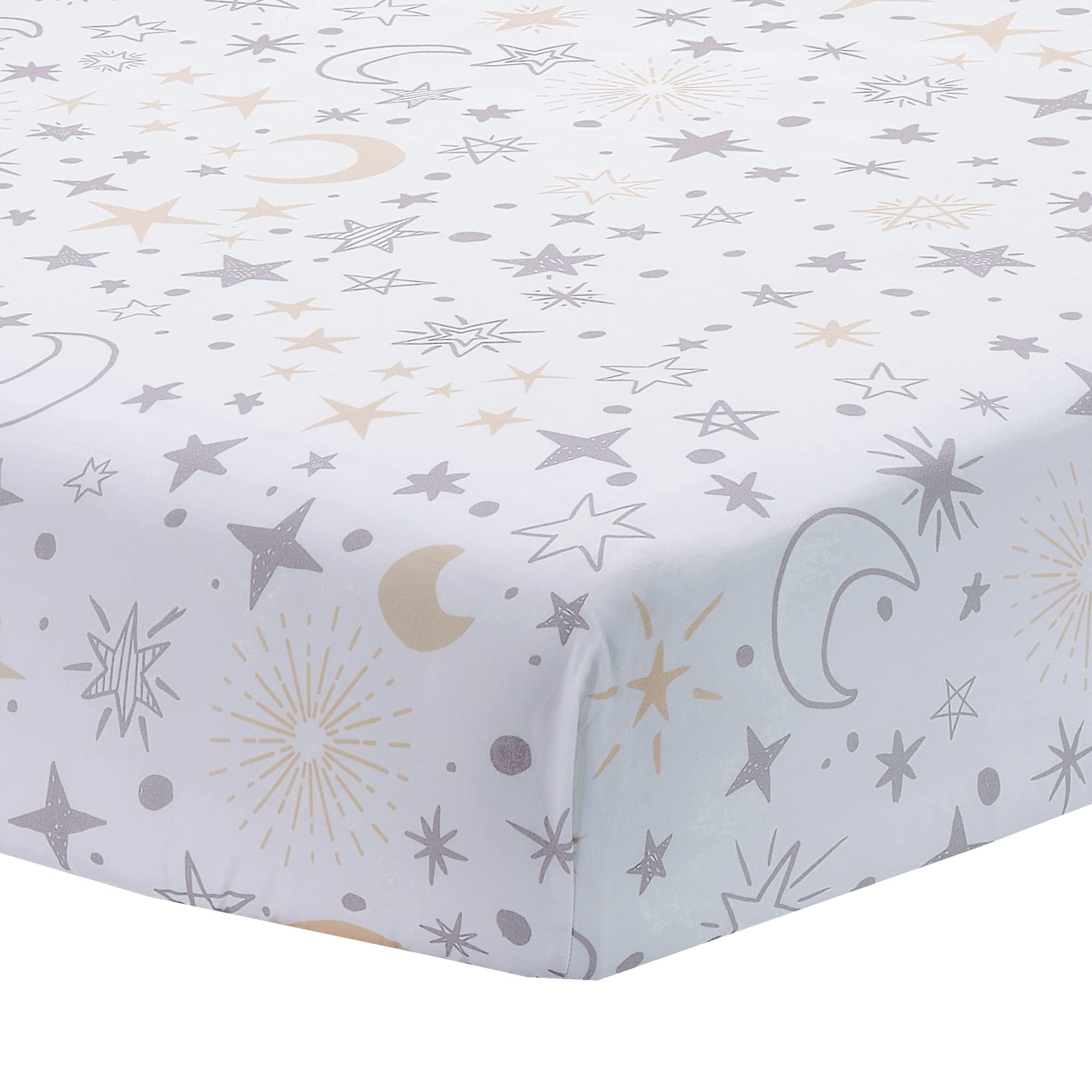 Lambs & Ivy Goodnight Moon sheet moon closeup showcases soft gray and copper moons for soothing bedtimes.