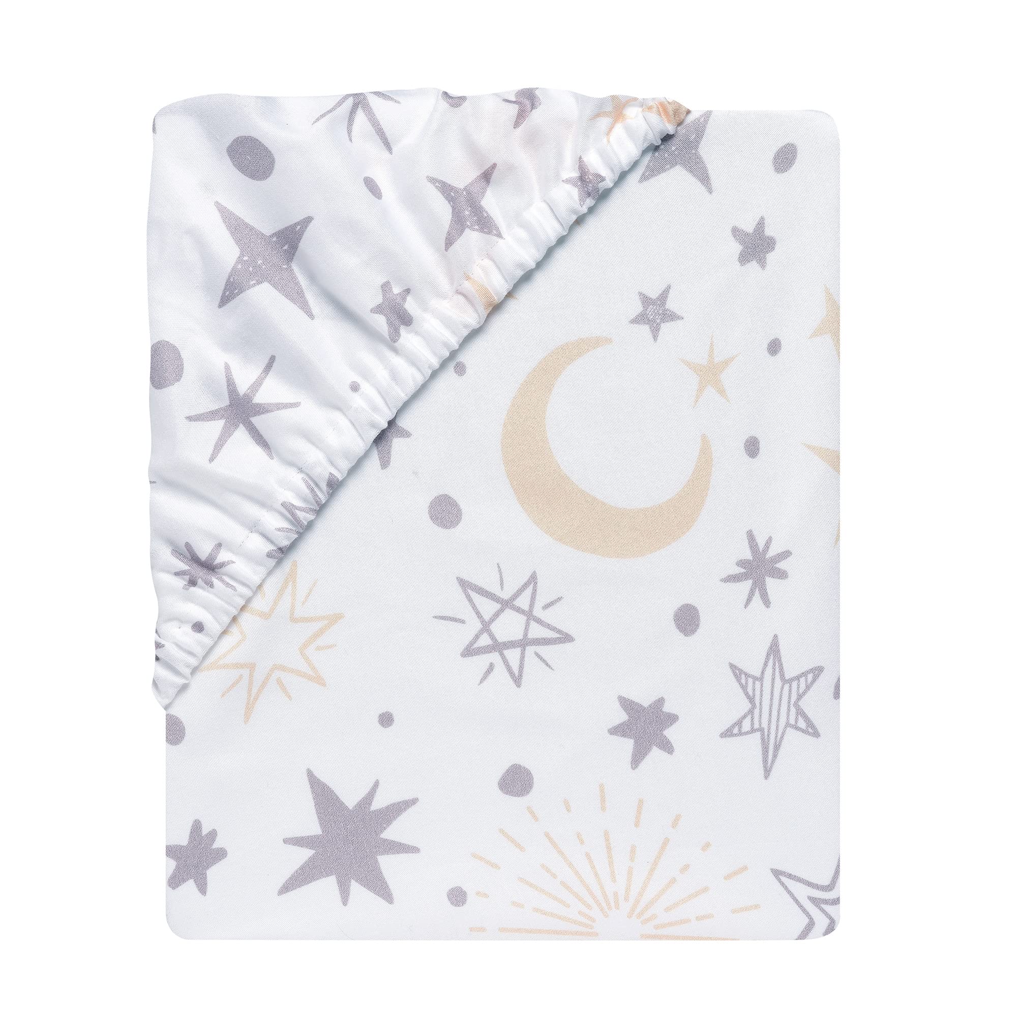 Lambs & Ivy Goodnight Moon sheet white background with moons and stars for neutral nursery styling.