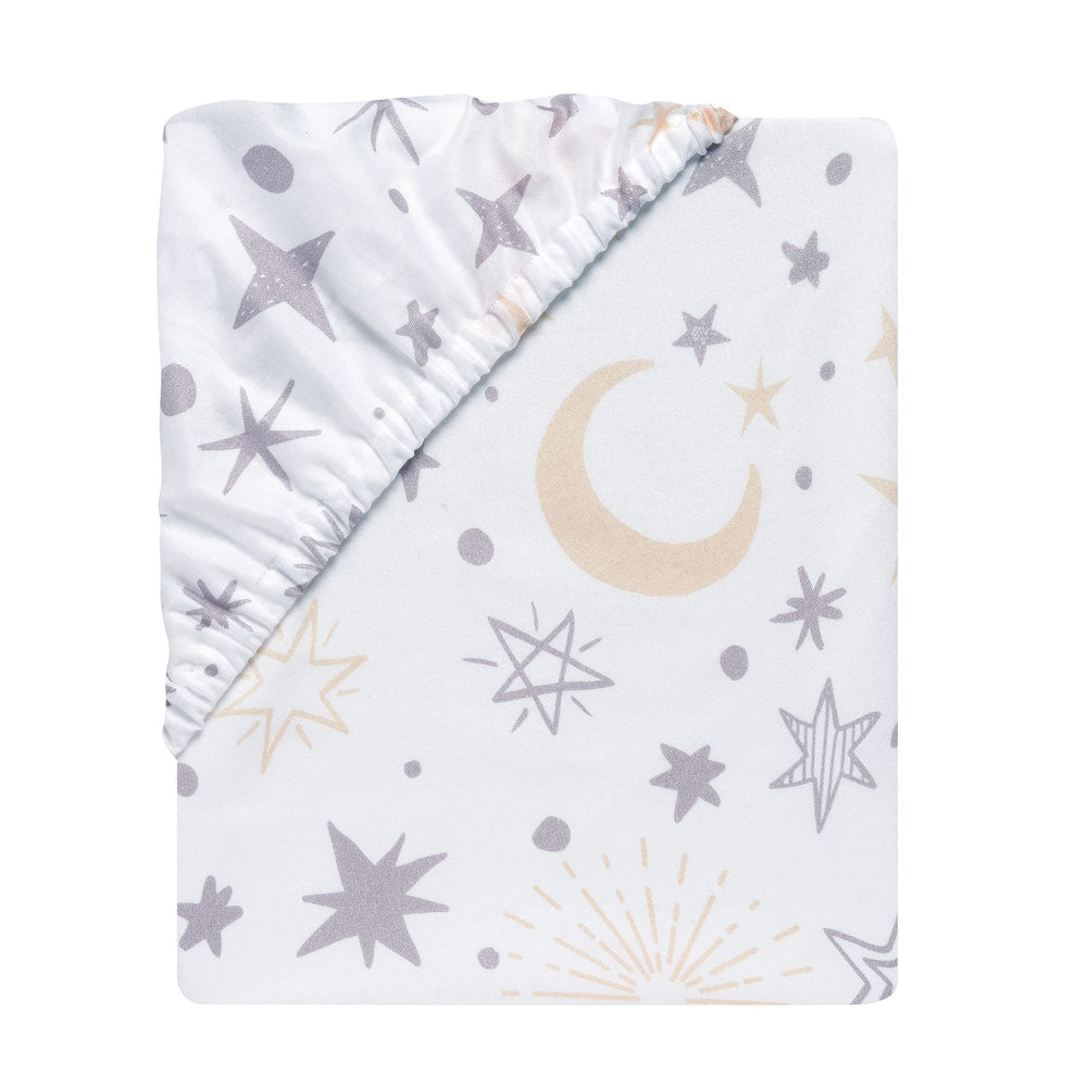 Lambs & Ivy Goodnight Moon sheet white background with moons and stars for neutral nursery styling.