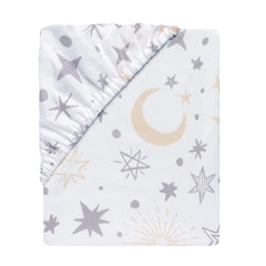 Lambs & Ivy Goodnight Moon sheet white background with moons and stars for neutral nursery styling.