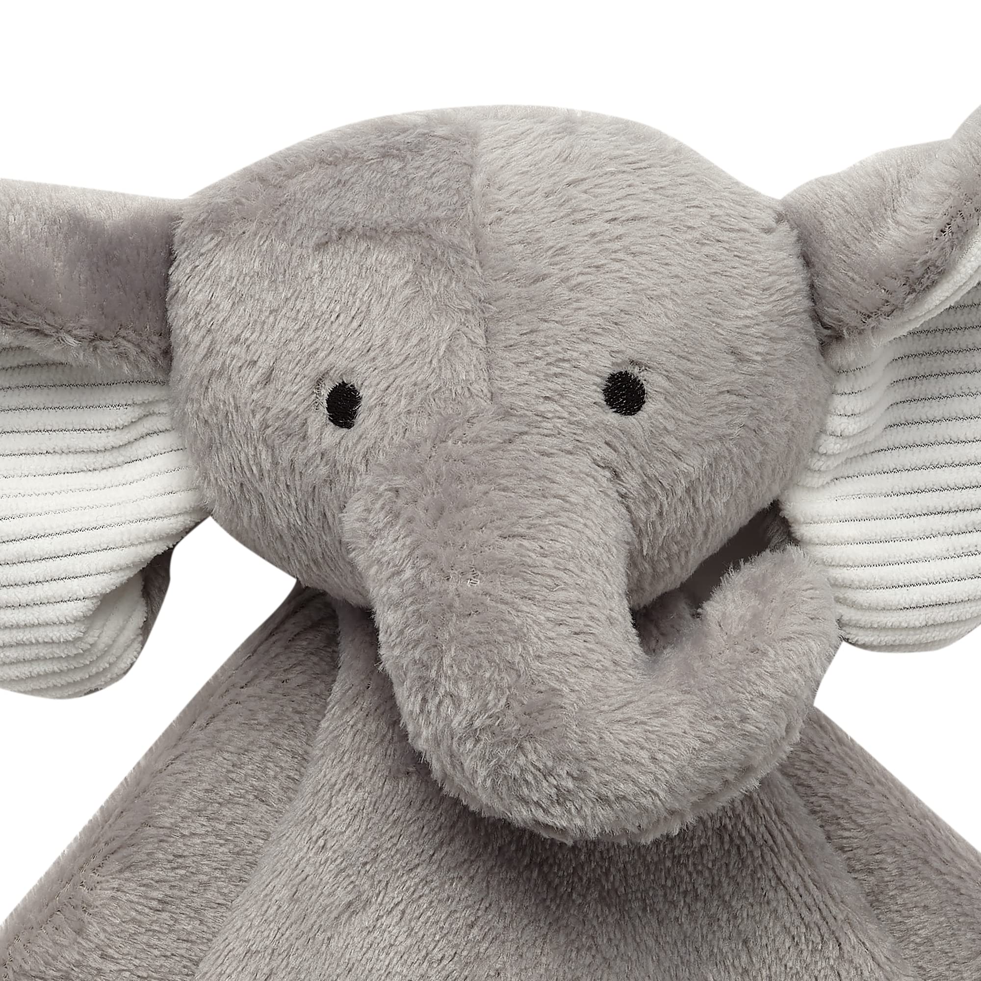 Lambs & Ivy gray elephant lovey close-up shows embroidered eyes for safety