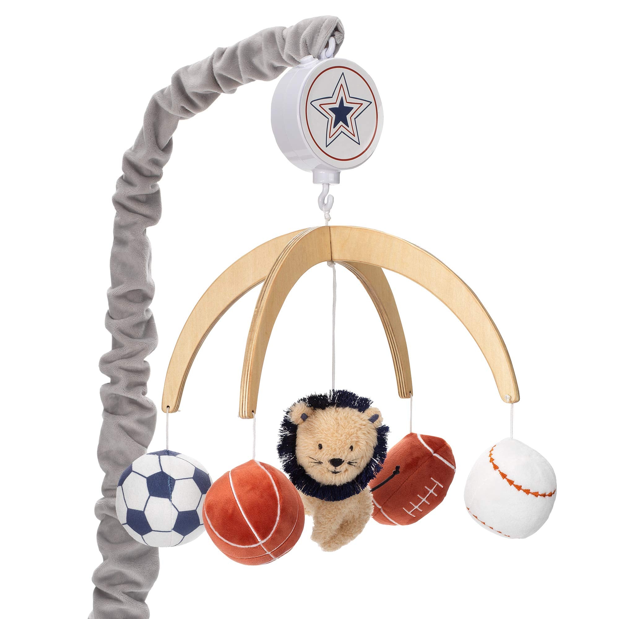 Lambs & Ivy Hall of Fame Lion mobile promotes visual tracking with plush toys.