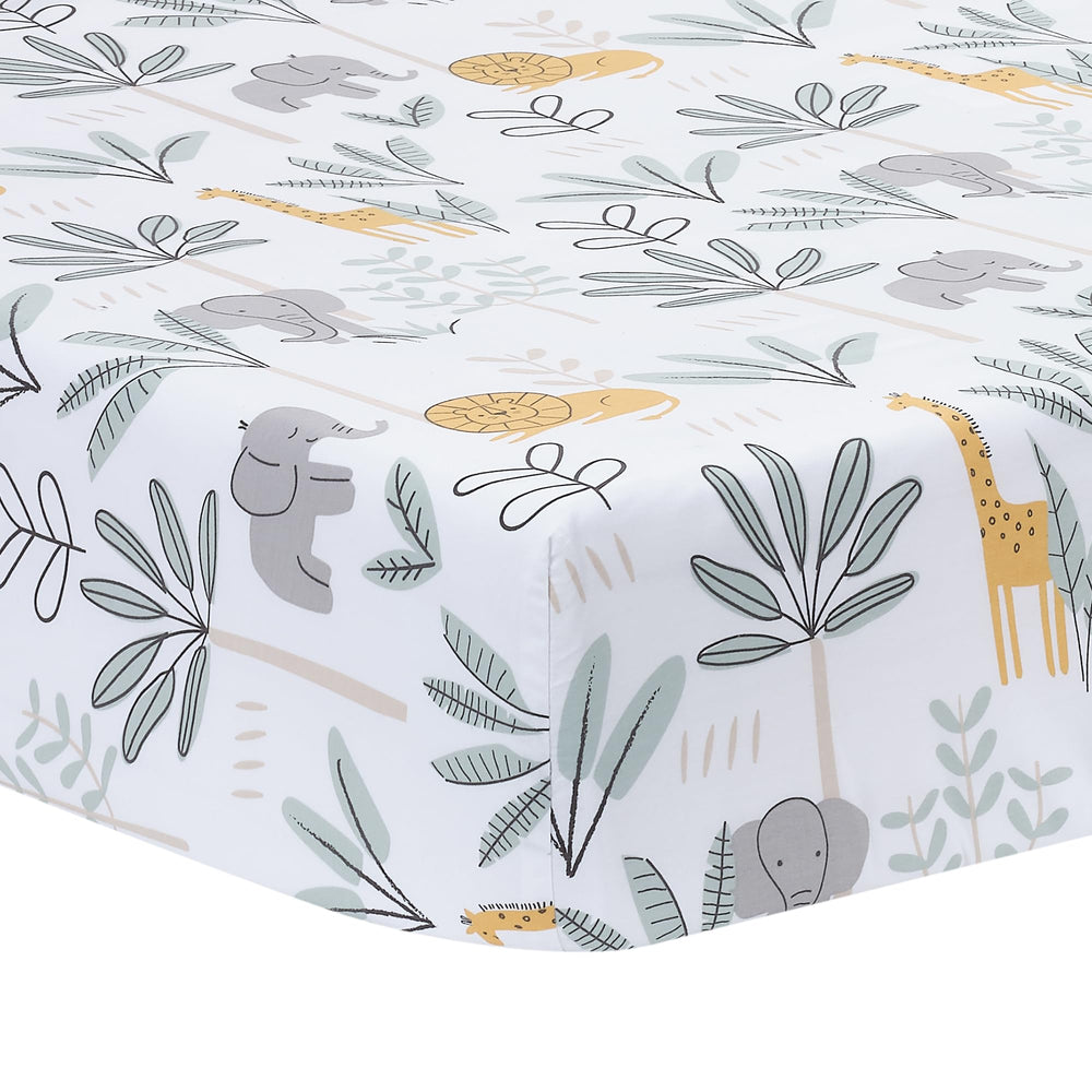 Lambs & Ivy Jungle Adventure sheet closeup shows breathable cotton for baby comfort