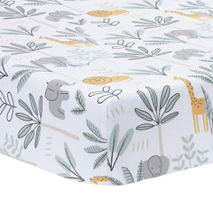 Lambs & Ivy Jungle Adventure sheet closeup shows breathable cotton for baby comfort