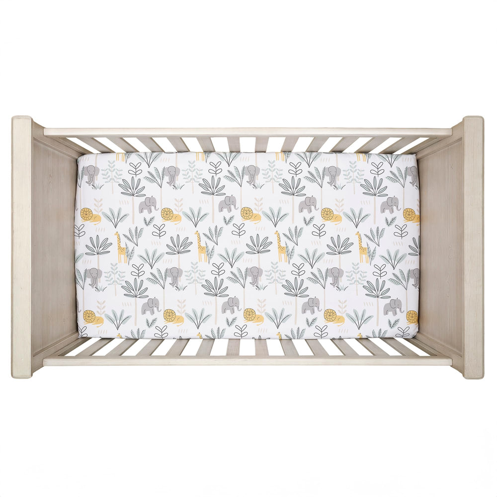 Lambs & Ivy Jungle Adventure sheet elastic edge detail ensures secure fit