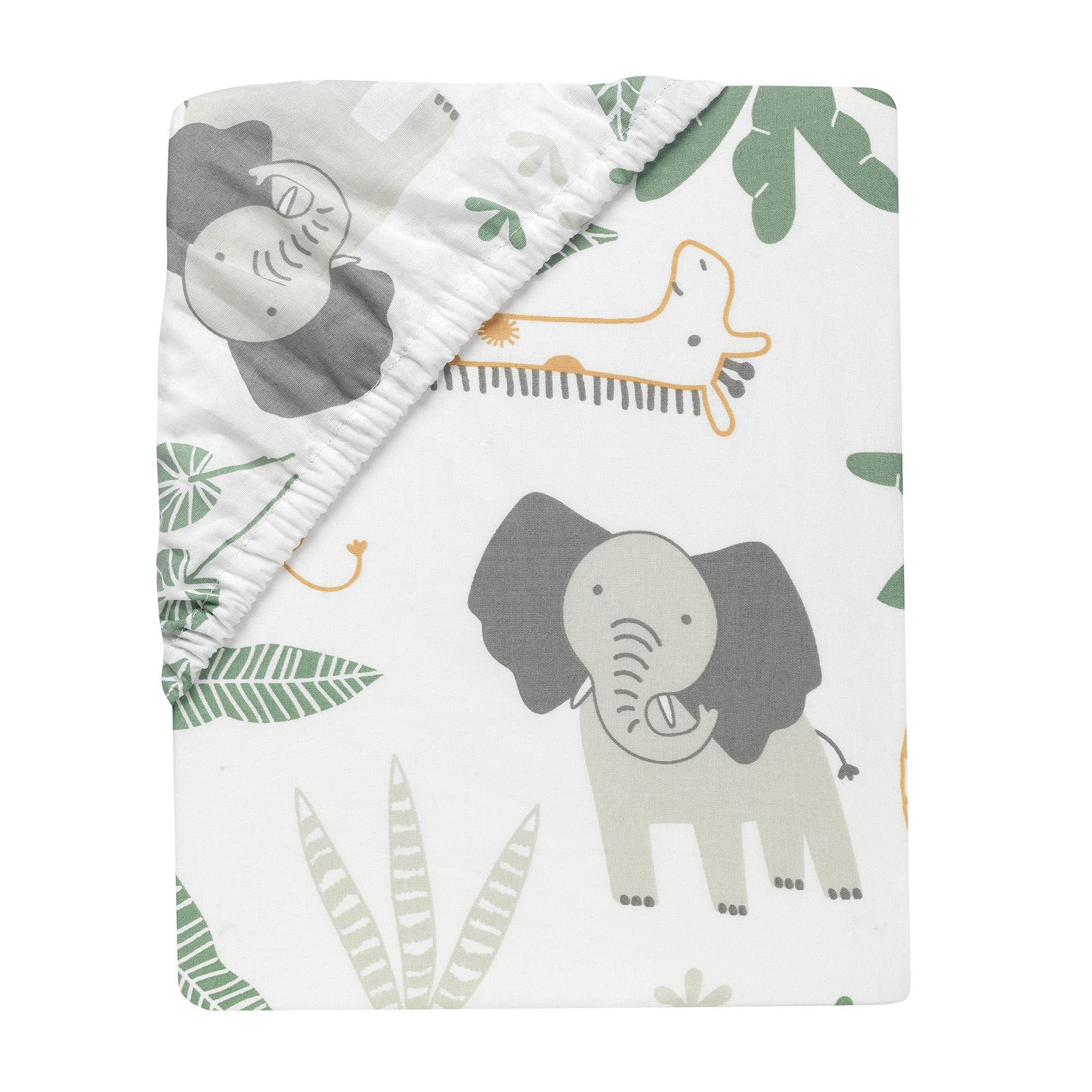 Lambs & Ivy Jungle Friends crib sheet elephants giraffes lions birds print adds playful nursery charm