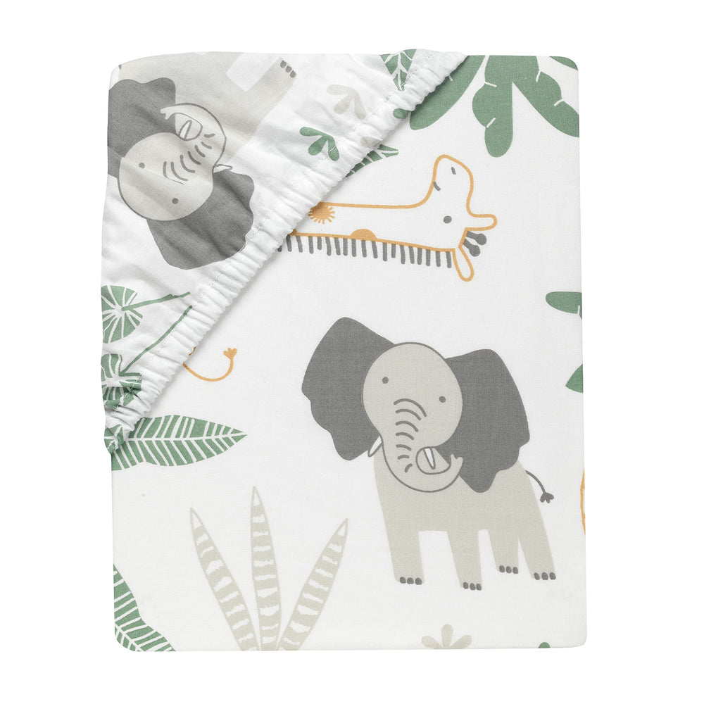 Lambs & Ivy Jungle Friends crib sheet elephants giraffes lions birds print adds playful nursery charm