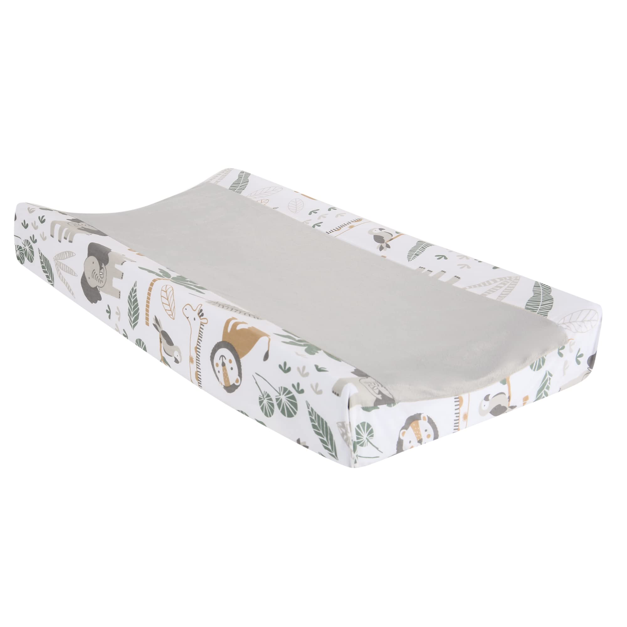 Lambs & Ivy Jungle Friends gray changing pad cover close-up texture shows plush minky for cozy diaper changes