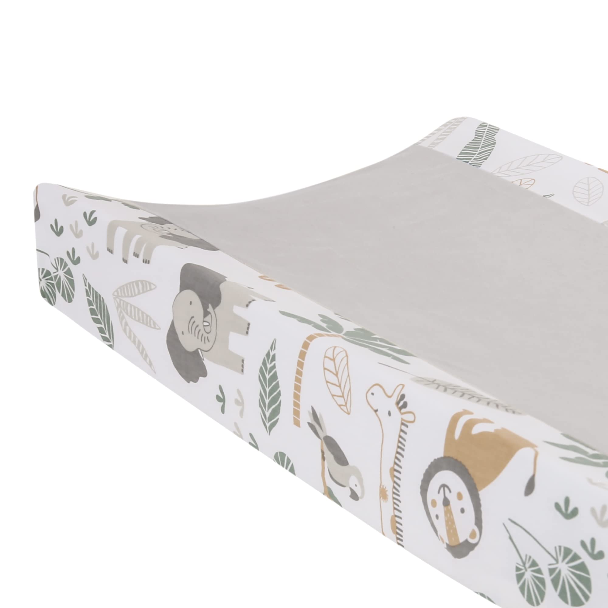 Lambs & Ivy Jungle Friends gray changing pad cover folded neatly to show easy care and compact storage
