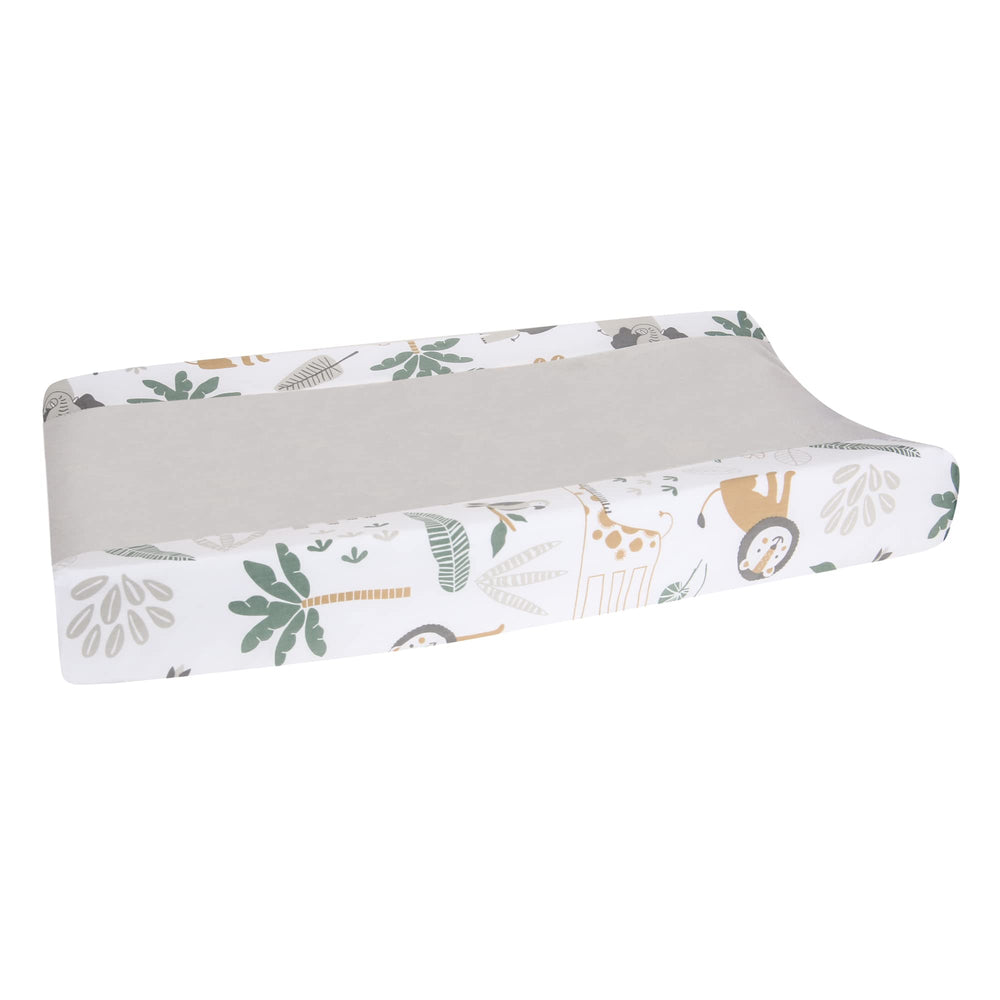 Lambs & Ivy Jungle Friends gray changing pad cover product shot highlights 16x32 inch size for standard pads