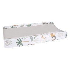 Lambs & Ivy Jungle Friends gray changing pad cover product shot highlights 16x32 inch size for standard pads