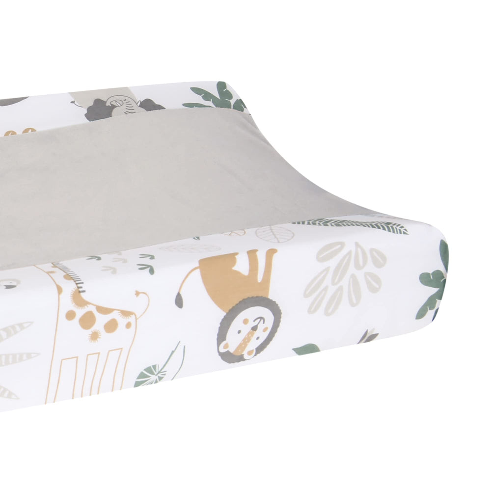 Lambs & Ivy Jungle Friends gray changing pad cover side panels show 100% cotton for durable, easy-care style