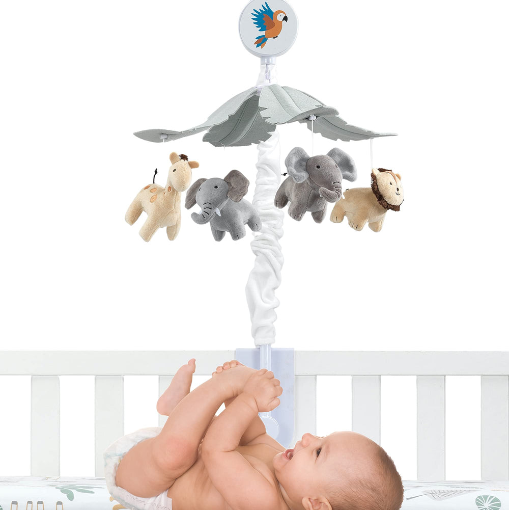 Lambs & Ivy Jungle Friends Mobile plays nursery songs for 20 minutes to calm bedtime