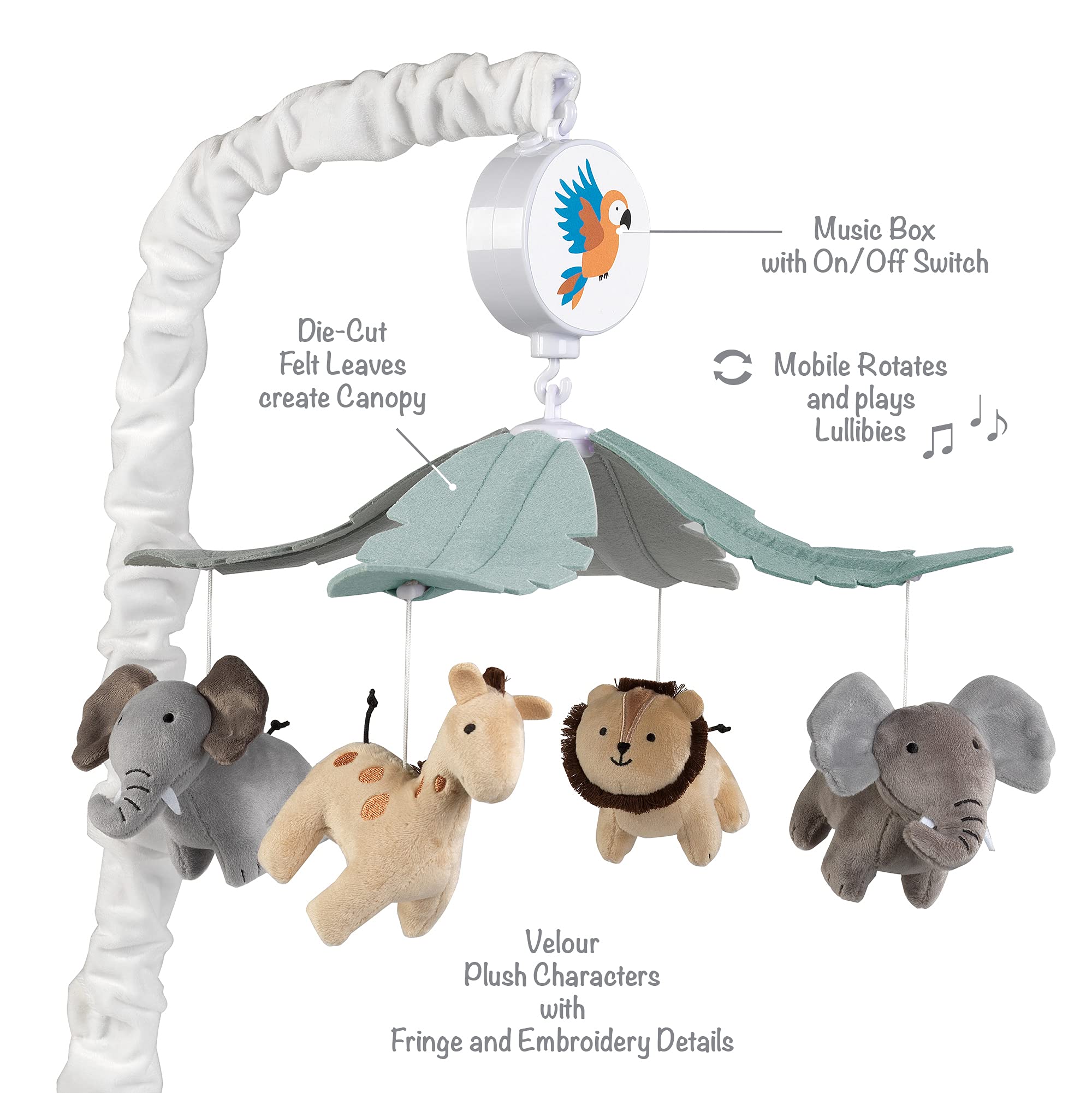 Lambs & Ivy Jungle Friends provides visual and auditory stimulation during baby's playtime